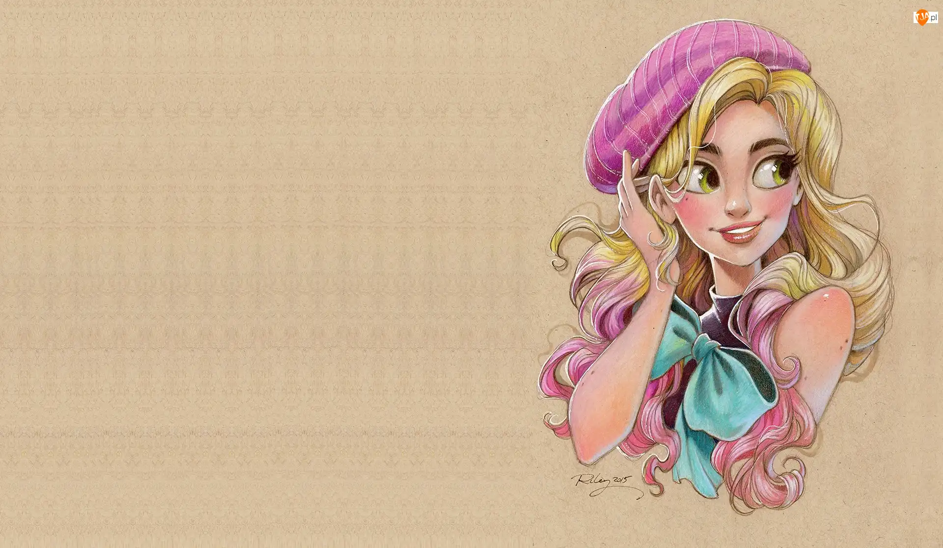 Dziewczyna, Beret, Uśmiechnięta, Rysunek, Blondynka