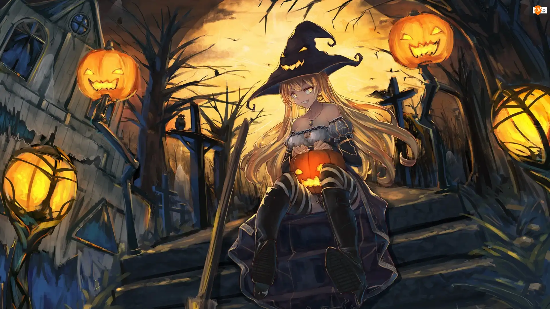 Czarownica, Dziewczyna, Dynie, Halloween, Księżyc, Dom, Schody
