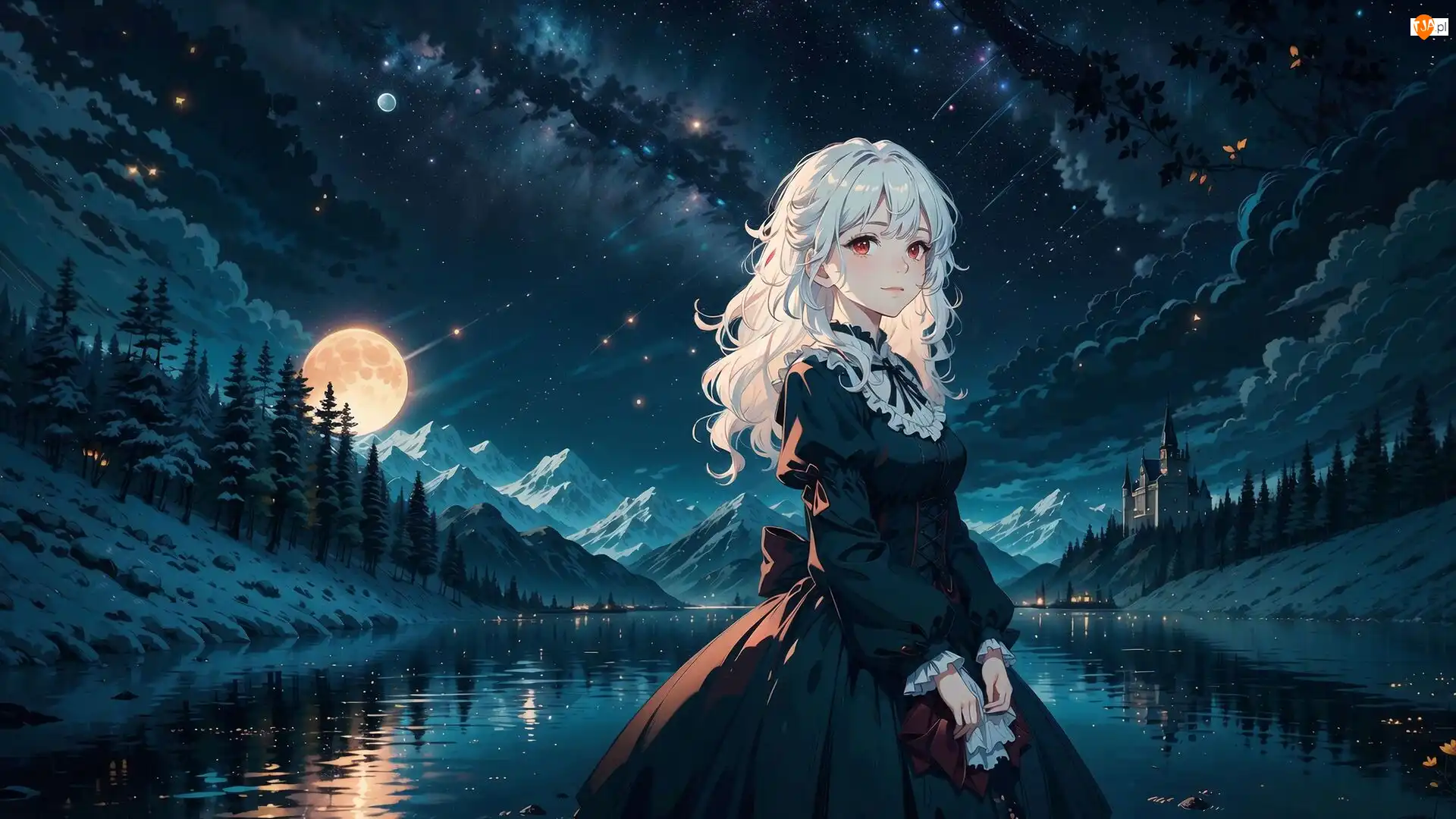 Sukienka, Staw, Anime, Dziewczyna, Noc, Księżyc, Góry