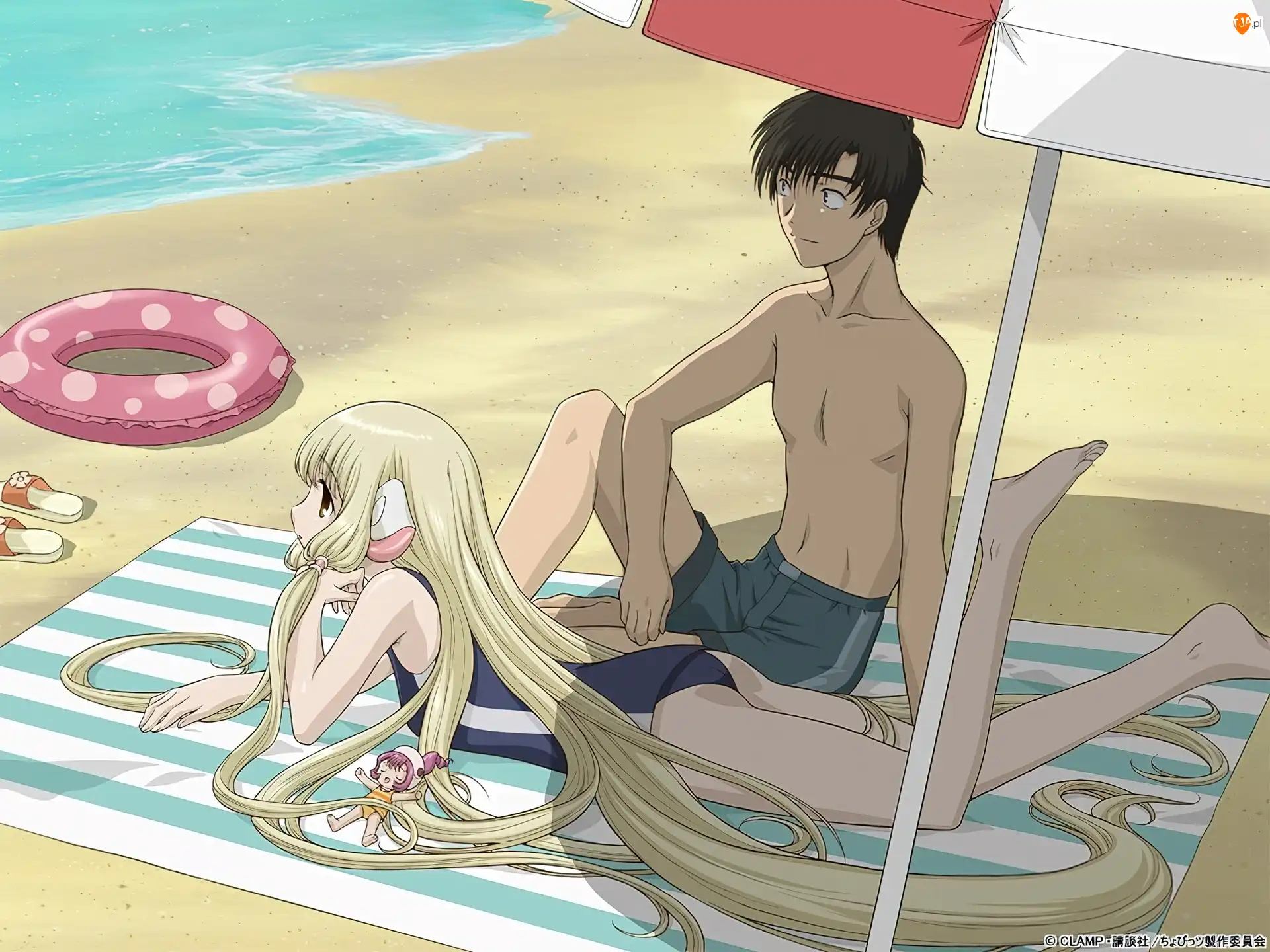 parasol, chłopak, plaża, Chobits, dziewczyna