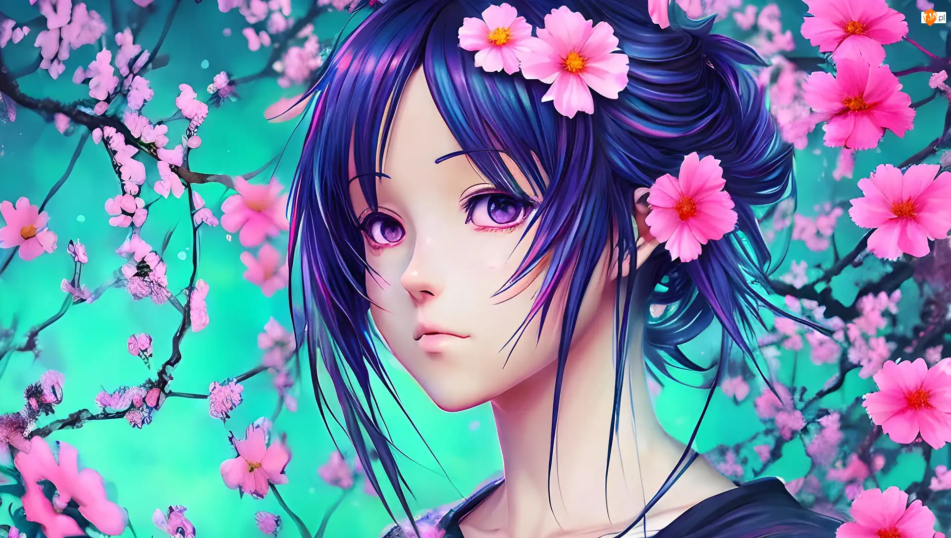 Anime, Dziewczyna, Twarz, Kwiaty