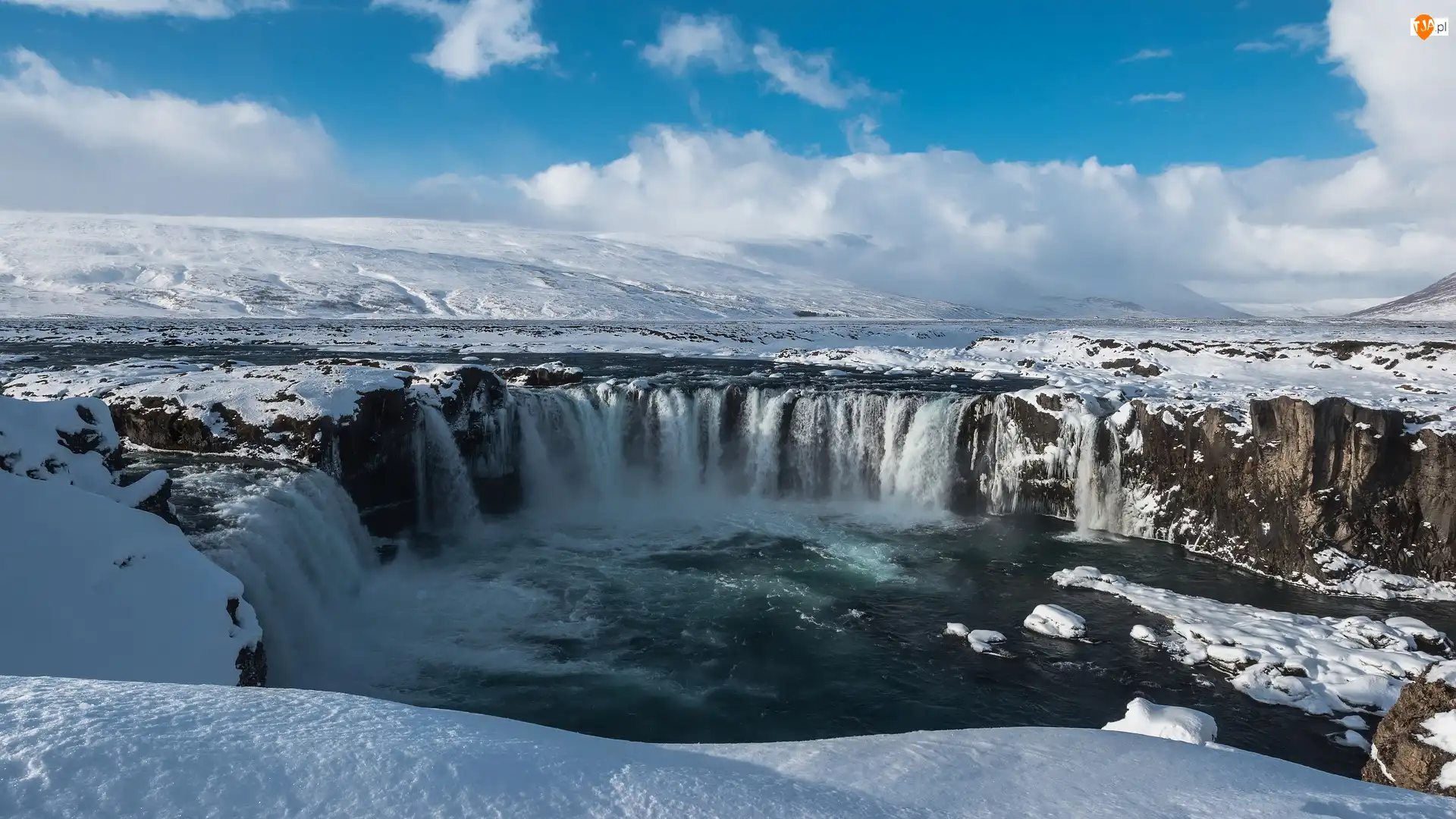 Zima, Islandia, Godafoss, Wodospad, Śnieg