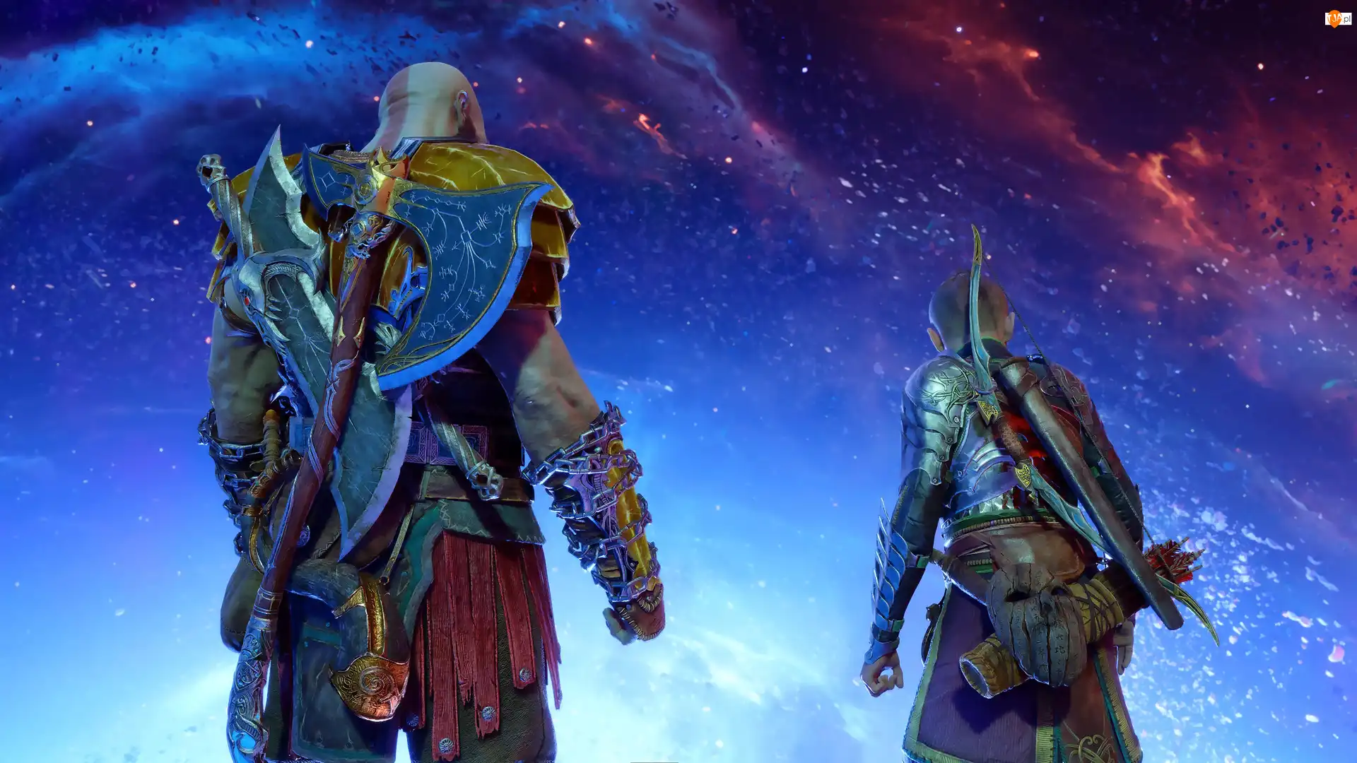 Gwiazdy, God of War Ragnarok, Niebo, Topór, Łuk, Postacie, Kratos, Gra, Atreus