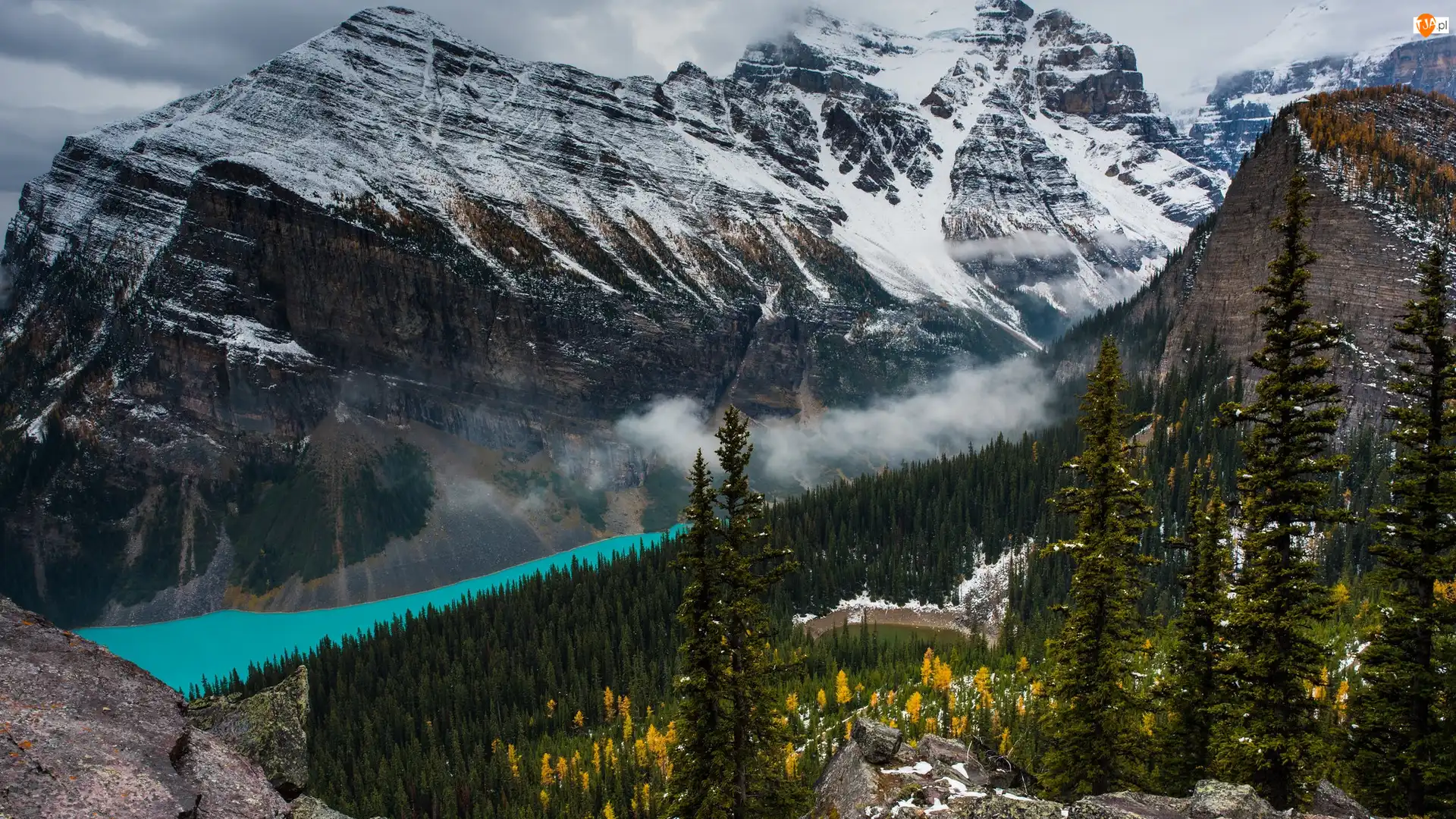 Kanada, Skały, Park Narodowy Banff, Drzewa, Jezioro, Góry, Śnieg, Lake Louise, Mgła, Alberta