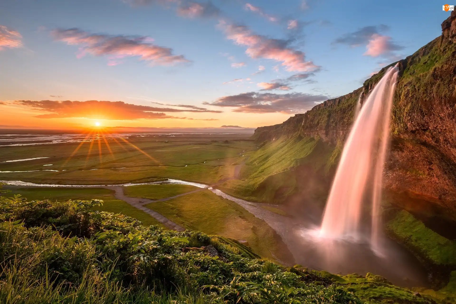 Zachód słońca, Islandia, Wodospad Seljalandsfoss