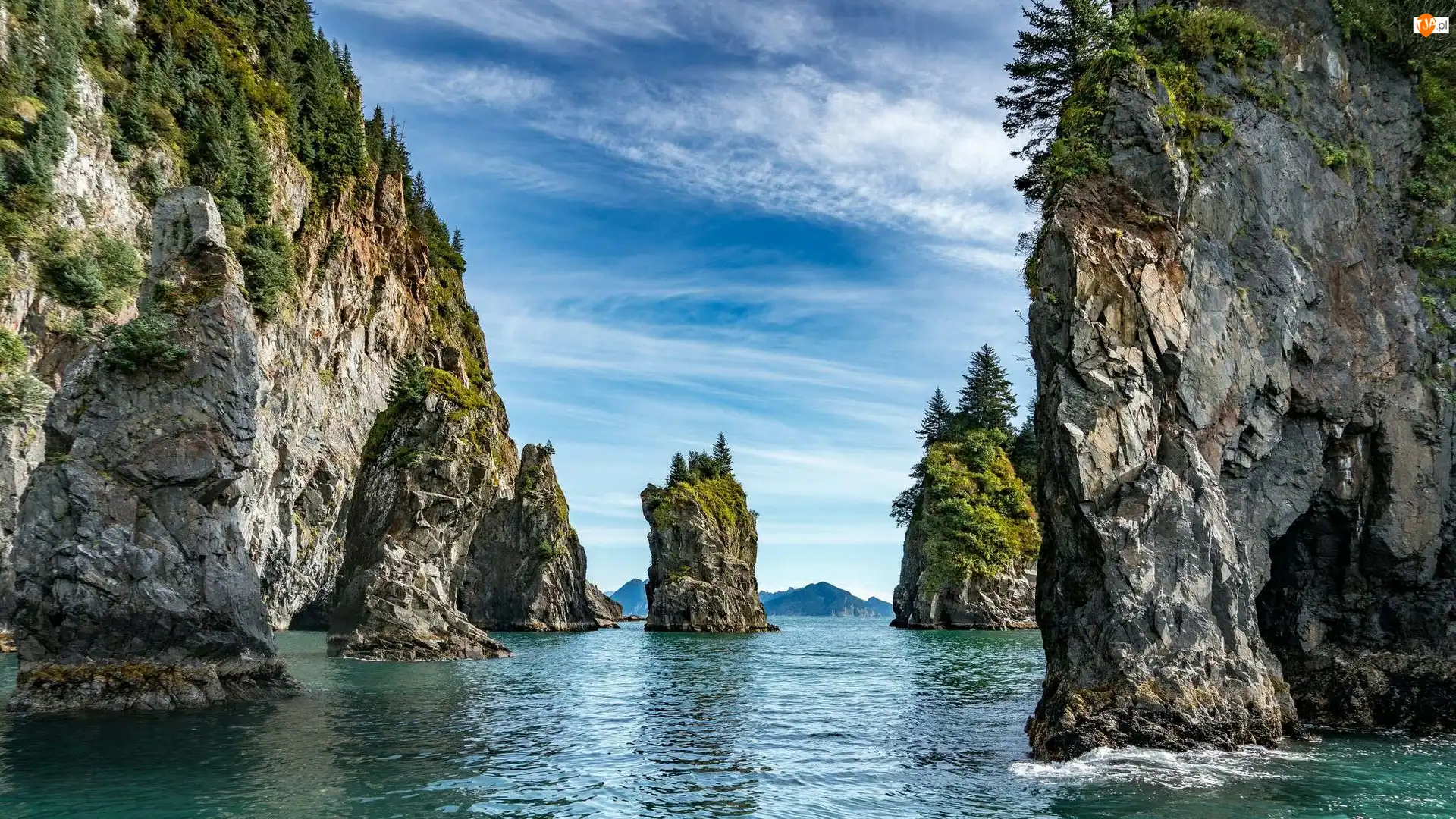 Park Narodowy Kenai Fjords, Skały, Stany Zjednoczone, Morze, Stan Alaska, Drzewa