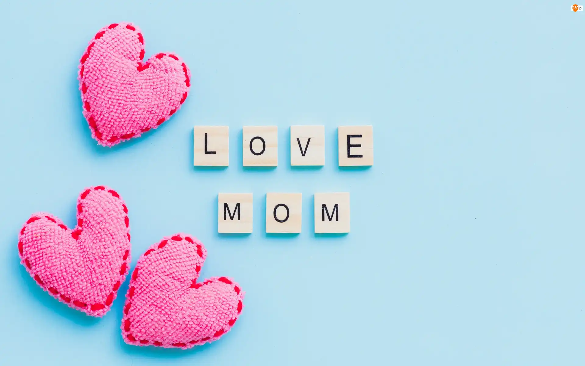 Trzy, Dzień Matki, Napis, Błękitne tło, Serca, Love Mom