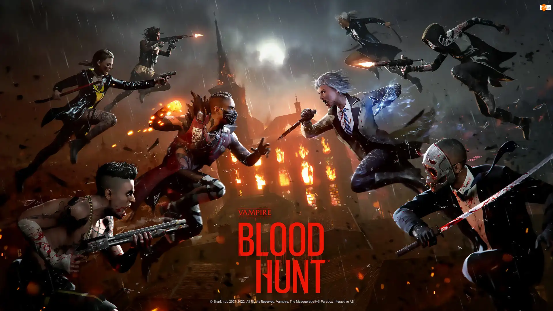 Plakat, Deszcz, Płonący, Księżyc, Vampire The Masquerade Bloodhunt, Gra, Walka, Postacie, Noc, Zamek