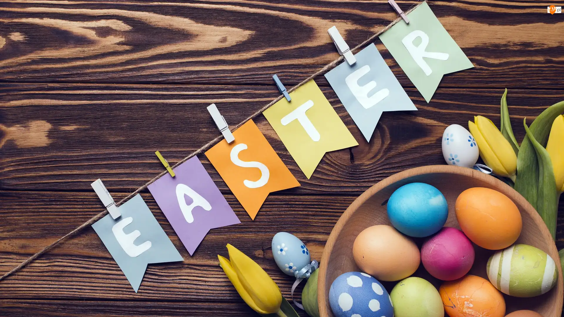 Pisanki, Miseczka, Easter, Wielkanoc, Napis, Tulipany, Żółte