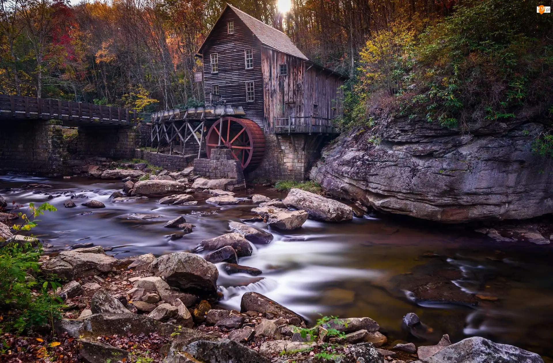 Stany Zjednoczone, Glade Creek Grist Mill, Wirginia Zachodnia, Skała, Park Babcock State, Most, Rzeka New River Gorge, Młyn, Kamienie