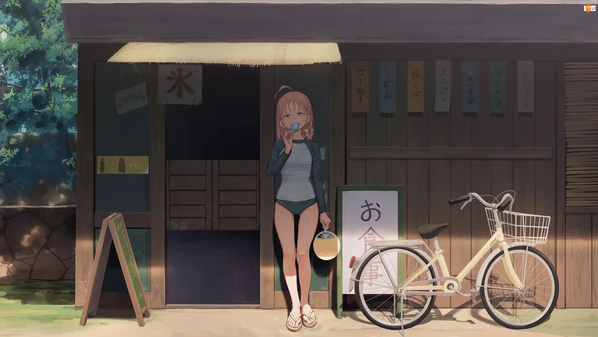 Rower, Anime, Dom, Lody, Lato, Dziewczyna, Wachlarz, Upał