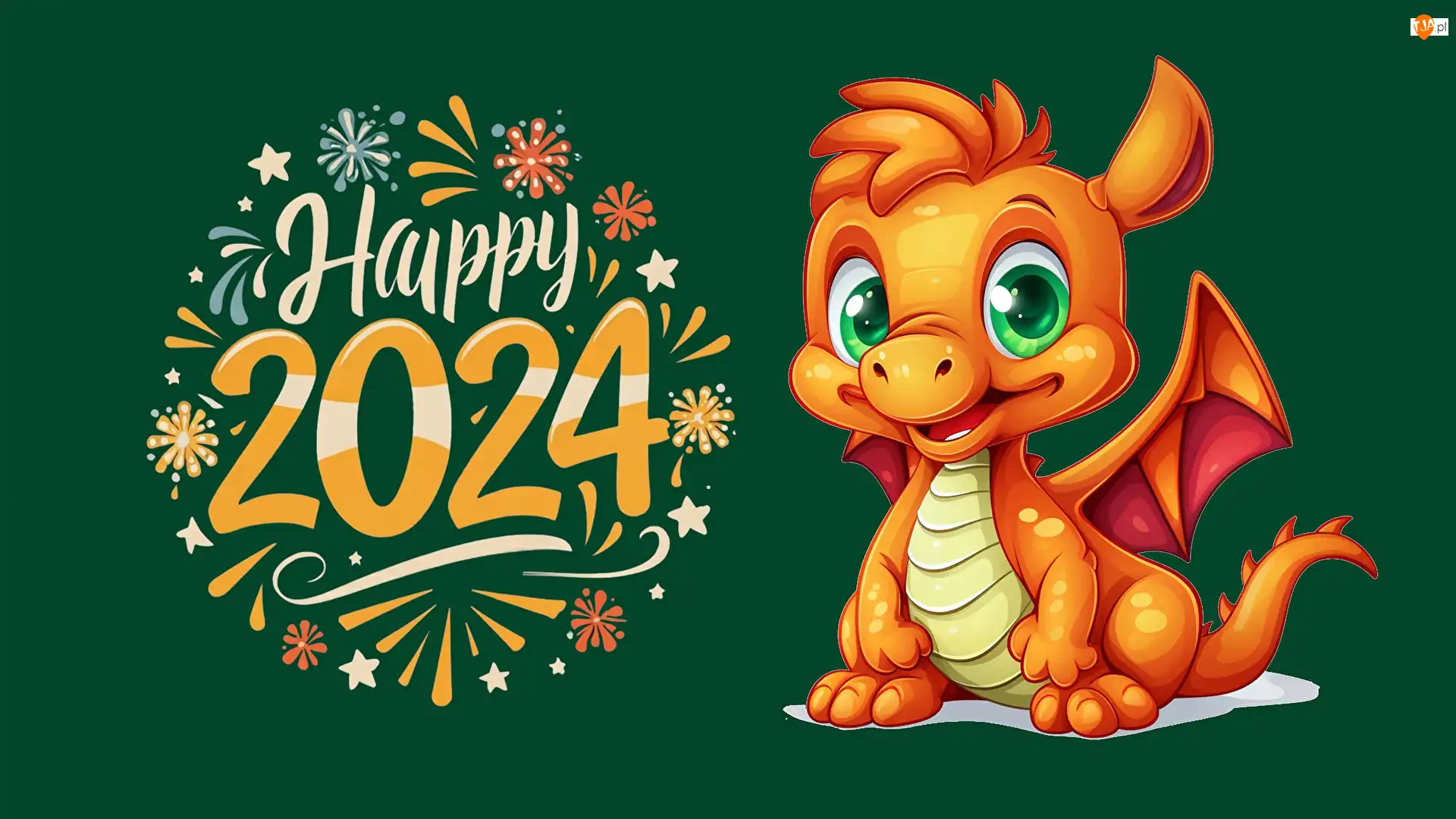 Życzenia, Nowy Rok, 2024, Zielone tło, Napis, Smok