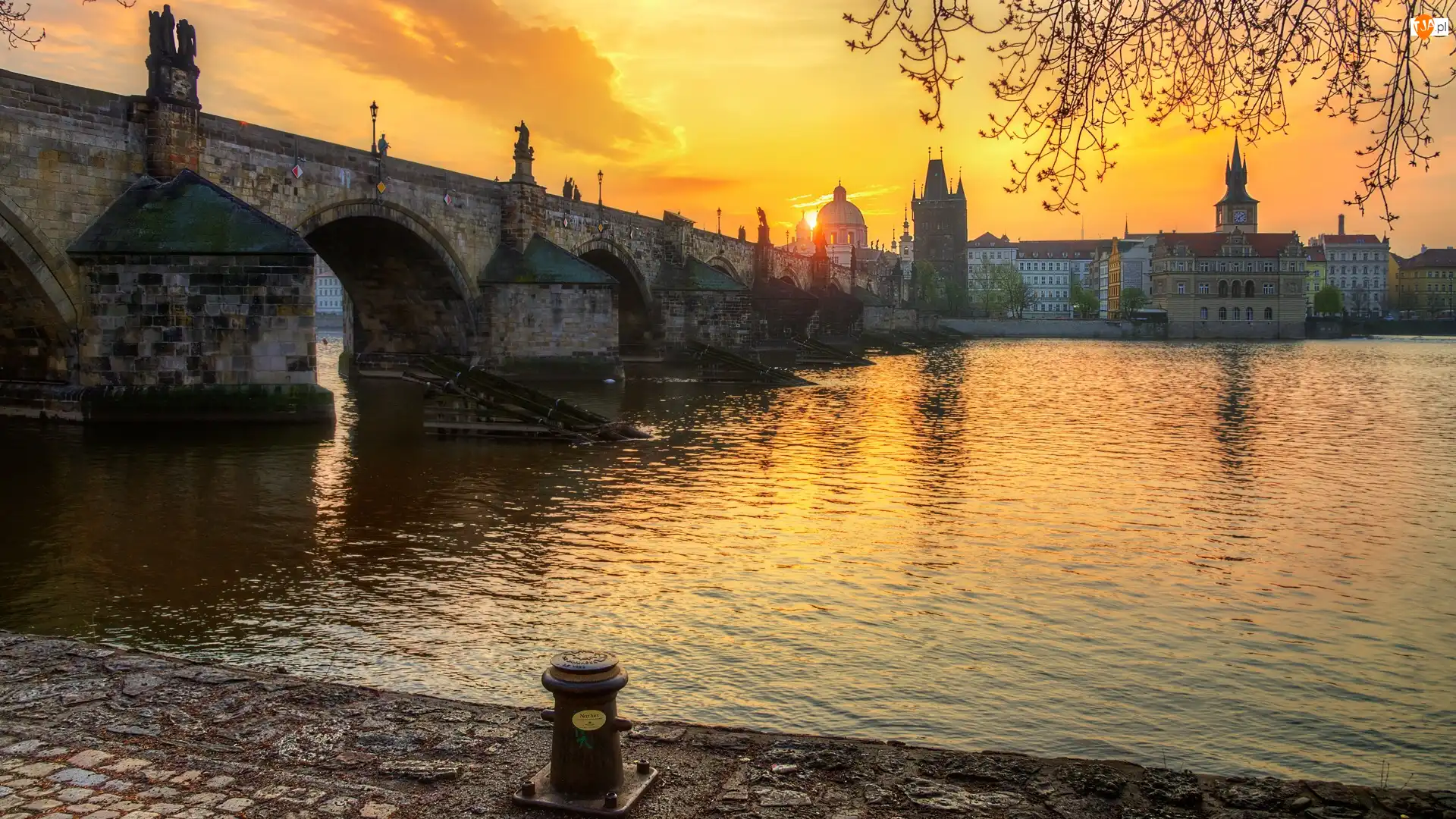 Zachód słońca, Czechy, Most Karola, Rzeka Wełtawa, Praga