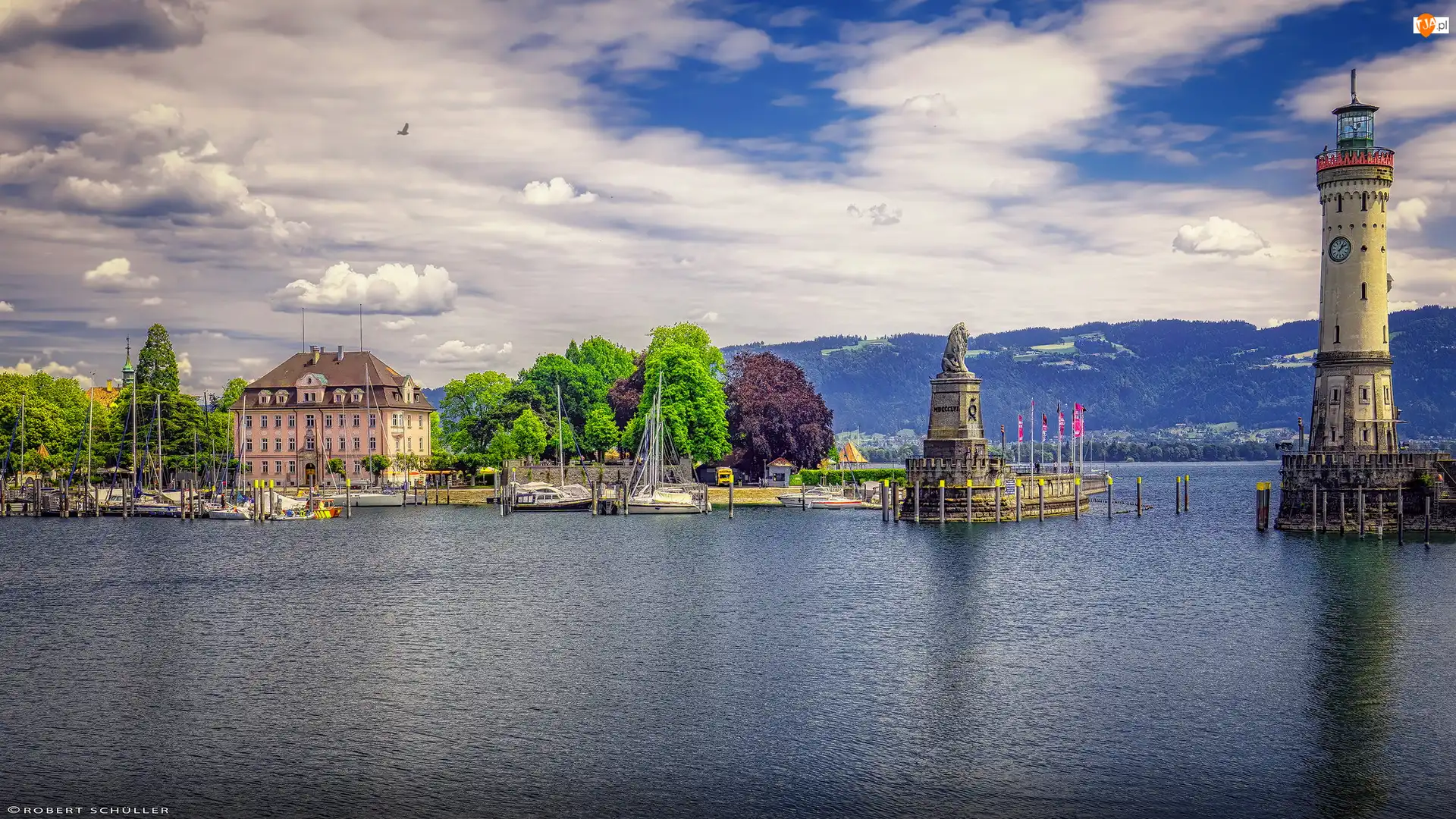 Niemcy, Dom, Bawaria, New Lighthouse, Lindau, Żaglówki, Drzewa, Jezioro Bodeńskie, Latarnia morska