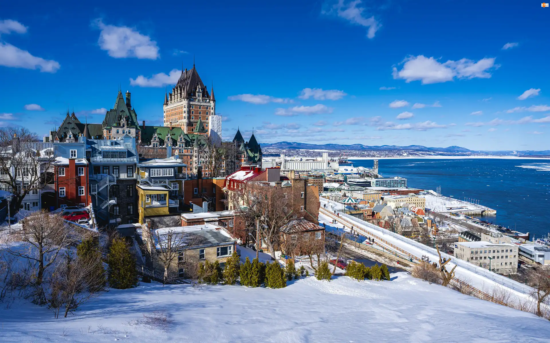 Wybrzeże, Kanada, Chateau Frontenac, Domy, Quebec, Rzeka Świętego Wawrzyńca, Zima, Zamek