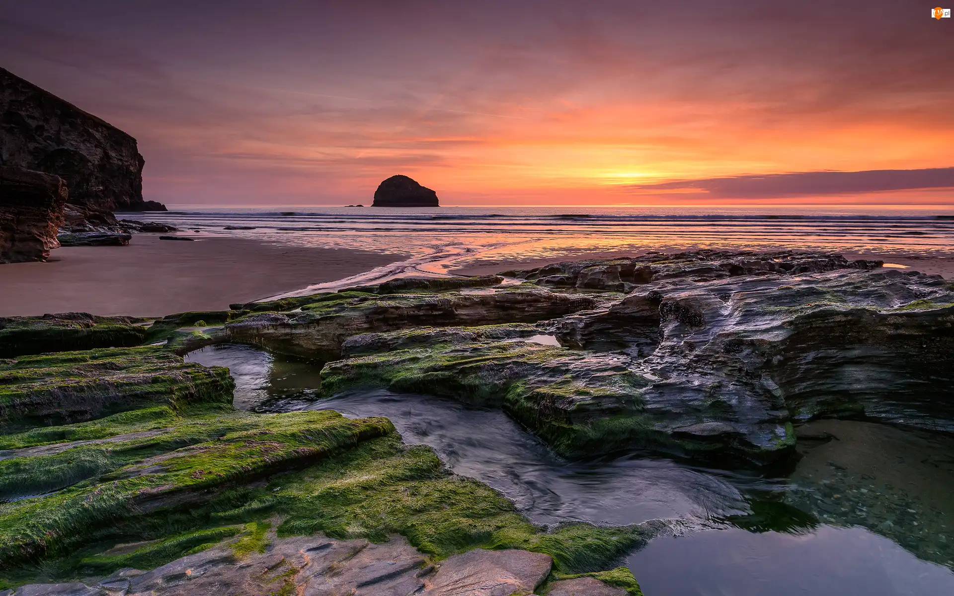 Kornwalia, Trebarwith Strand, Glony, Anglia, Skały, Zachód słońca, Morze Celtyckie