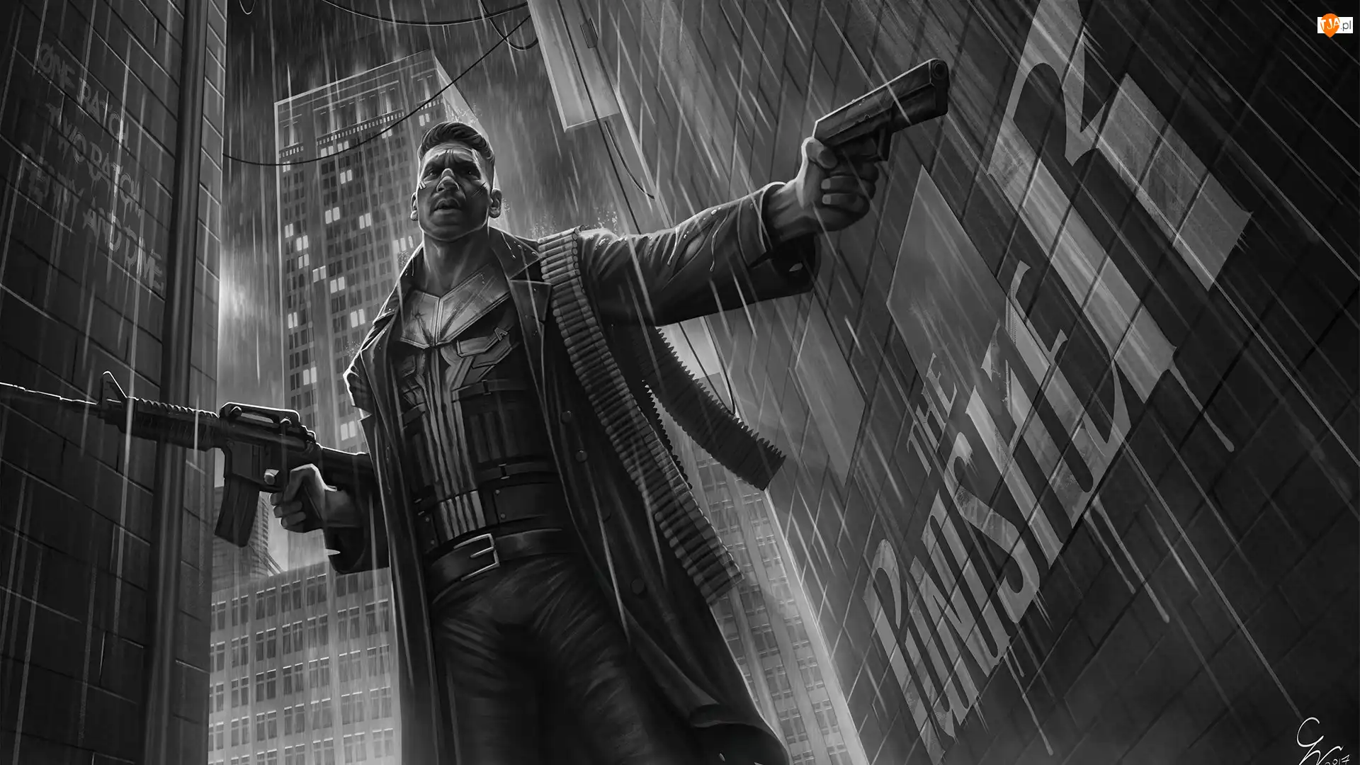 Deszcz, Frank Castle, Broń, Mężczyzna, Serial, Film, Grafika, The Punisher, Czarno-białe, Budynki
