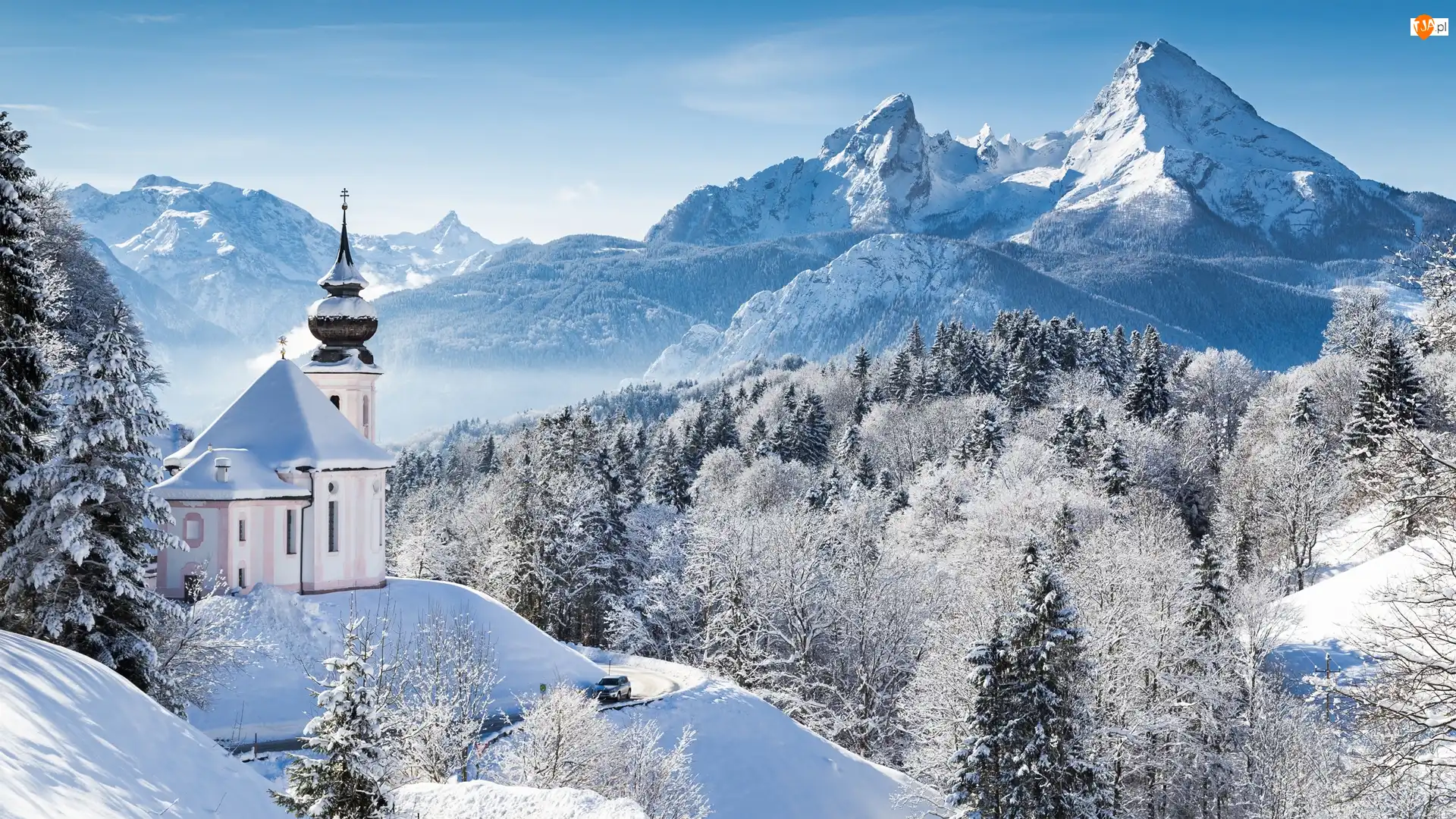 Góry, Las, Berchtesgaden, Zima, Samochód, Droga, Kościół