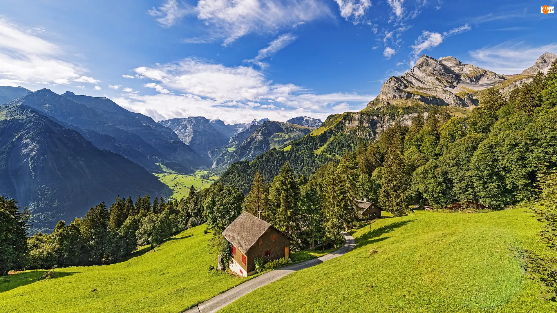 Droga, Góry, Szwajcaria, Domki, Kanton Glarus, Braunwald, Alpy Glarneńskie