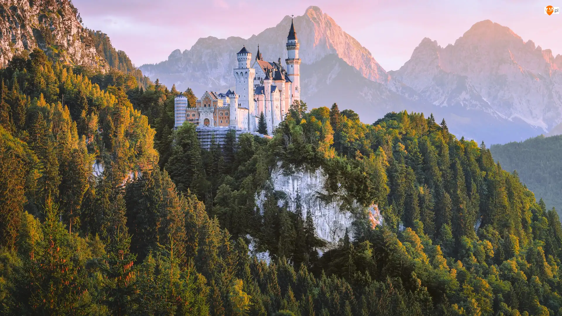 Alpy, Zamek Neuschwanstein, Niemcy, Góry, Bawaria, Skały, Drzewa