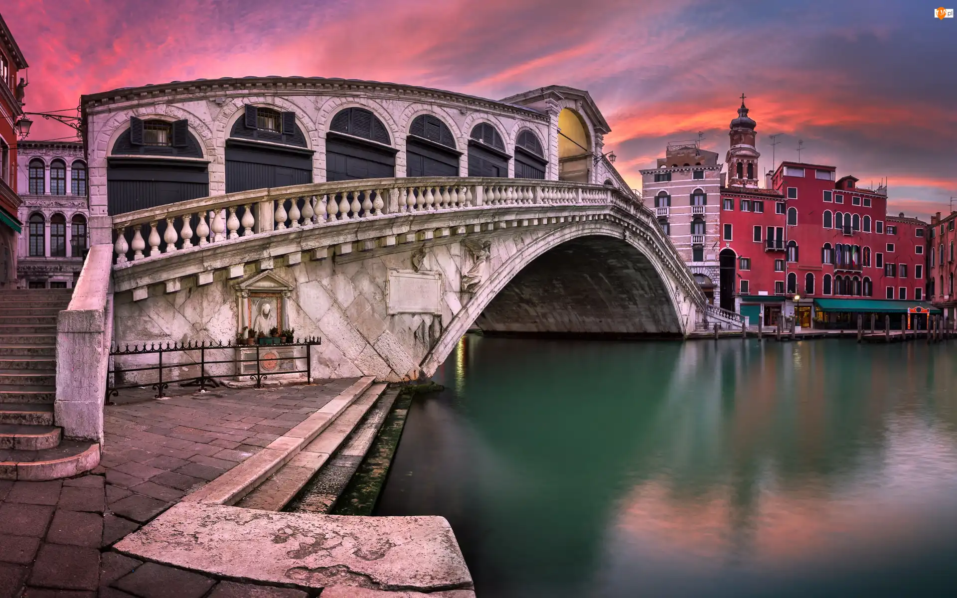 Wenecja, Zachód słońca, Domy, Włochy, Rialto Bridge, Most, Canal Grande