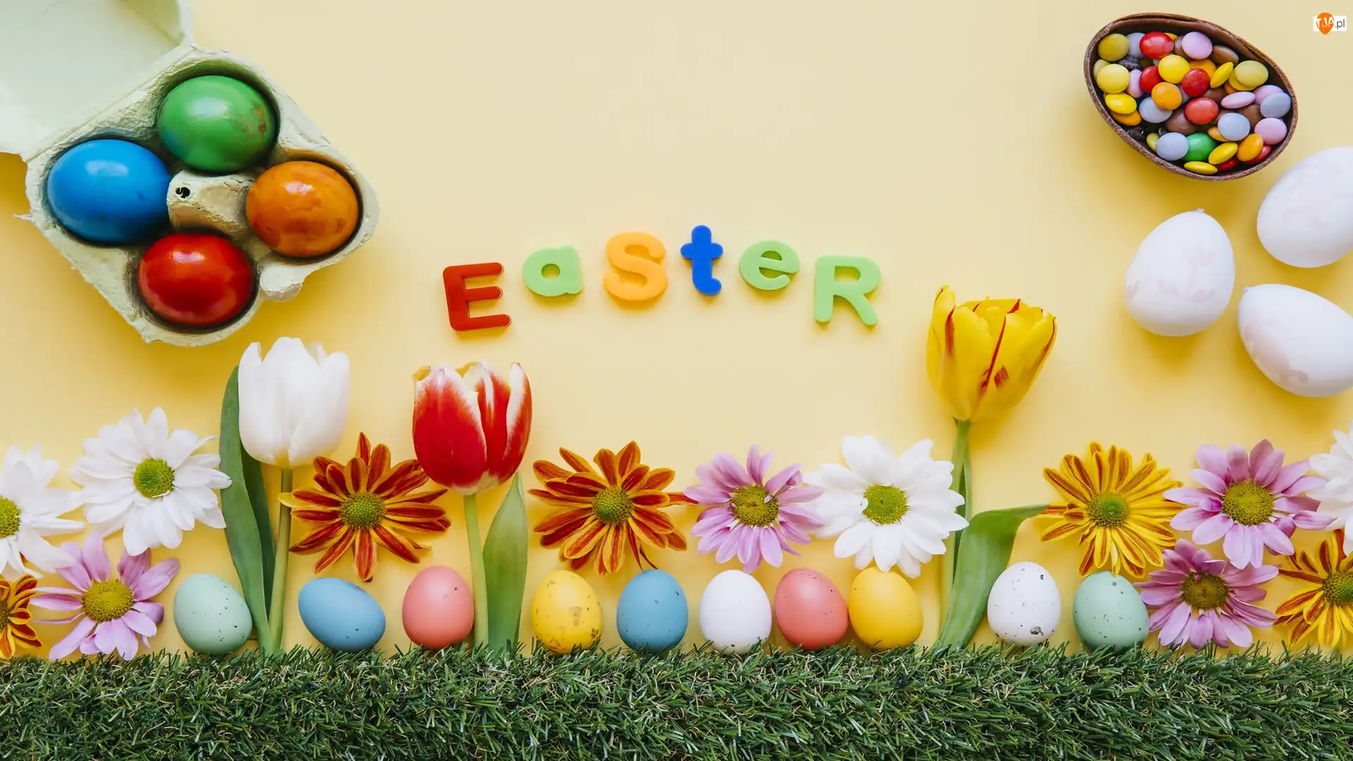 Kwiaty, Easter, Pisanki, Wielkanoc, Napis