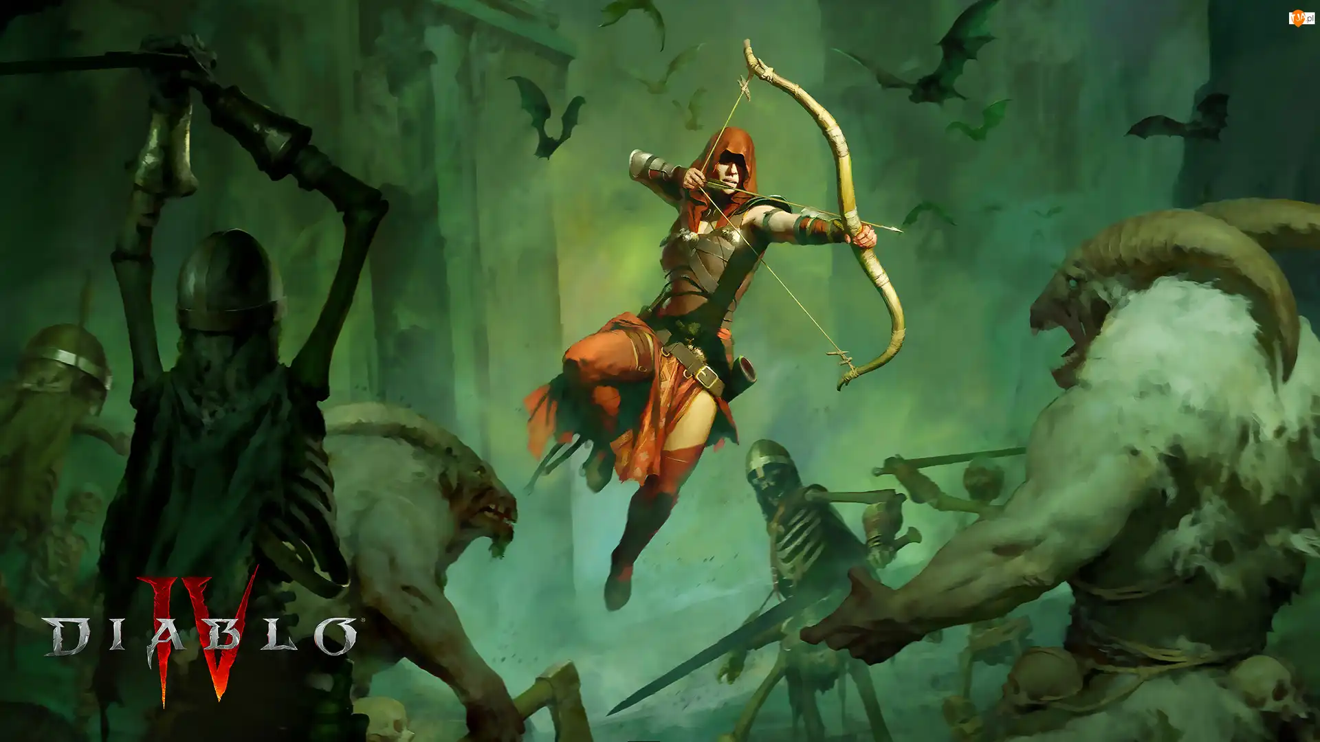 Łotrzyca, Łuk, Szkielety, Skok, Diablo IV, Potwory, Łuczniczka, Gra, Walka, Postacie, Plakat