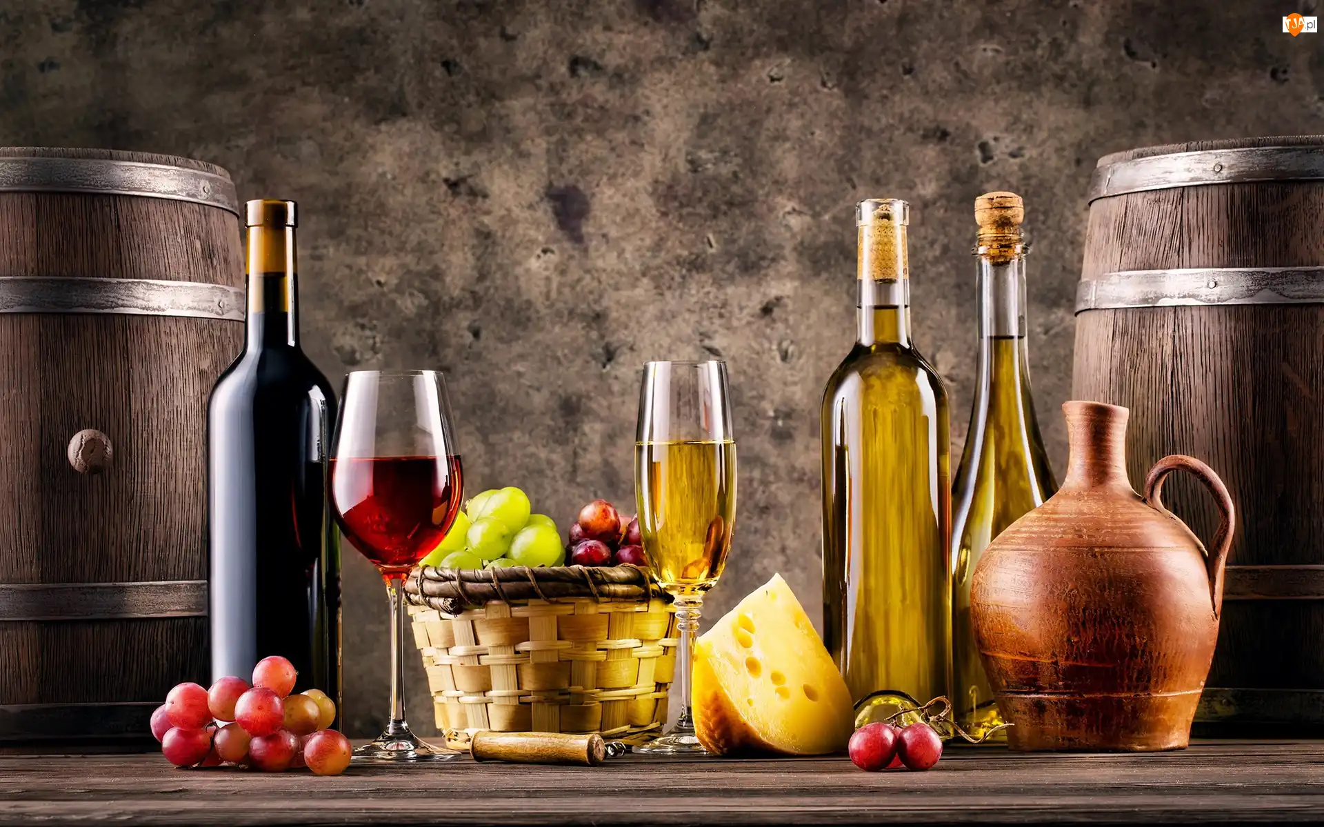Wino, Beczki, Kieliszki, Ser, Butelki, Winogrona