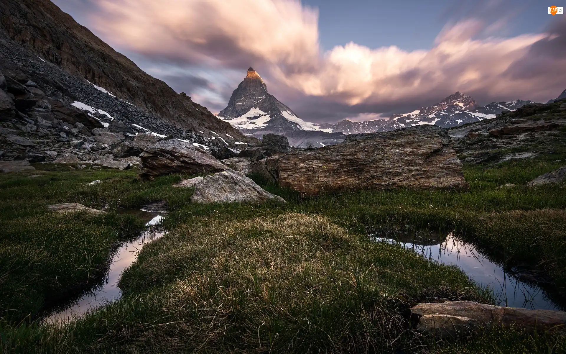 Góry, Szwajcaria, Szczyt Matterhorn, Strumyk, Alpy Pennińskie, Skały