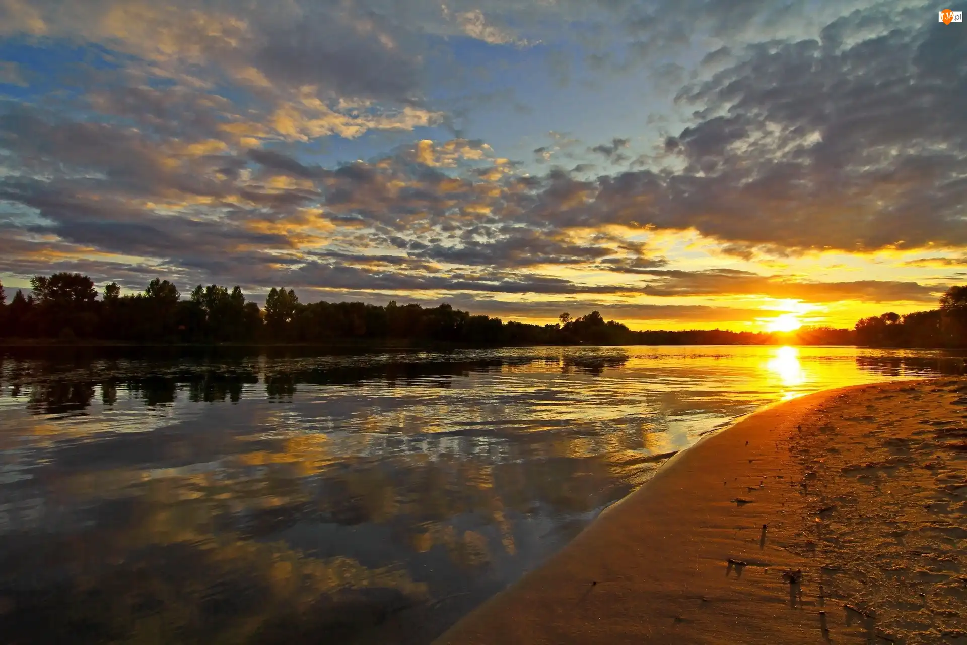 Plaża, Zachód, Słońca, Rzeka