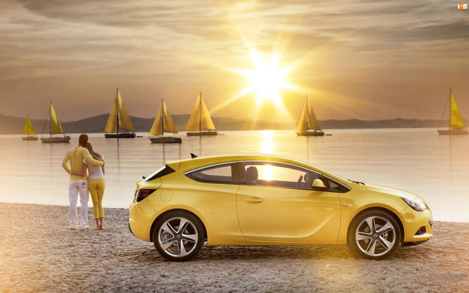 Para, Zachód słońca, Żaglówki, Opel, Morze