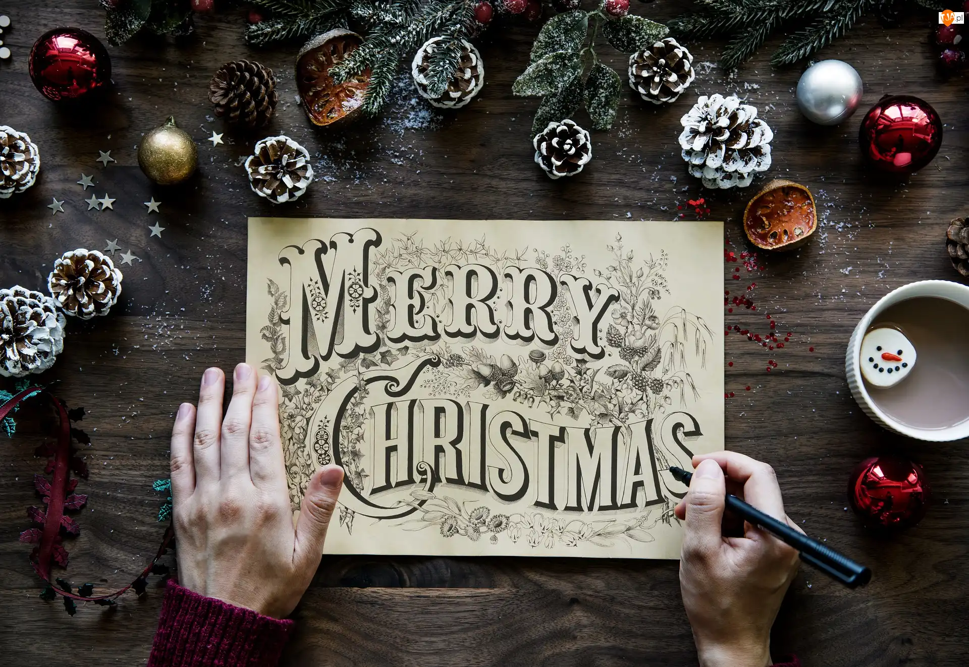 Szyszki, Dekoracja, Długopis, Kubek, Bombki, Świąteczna, Życzenia, Dłonie, Bożonarodzeniowa, Napis, Merry Christmas, Gwiazdki