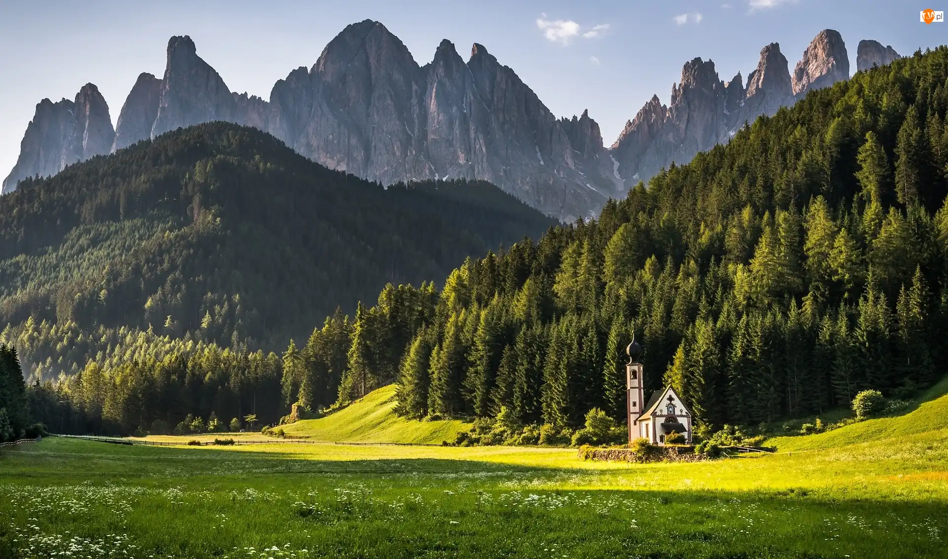 Dolina Val di Funes, Kościół św. Jana, Drzewa, Włochy, Las, Góry, Dolomity