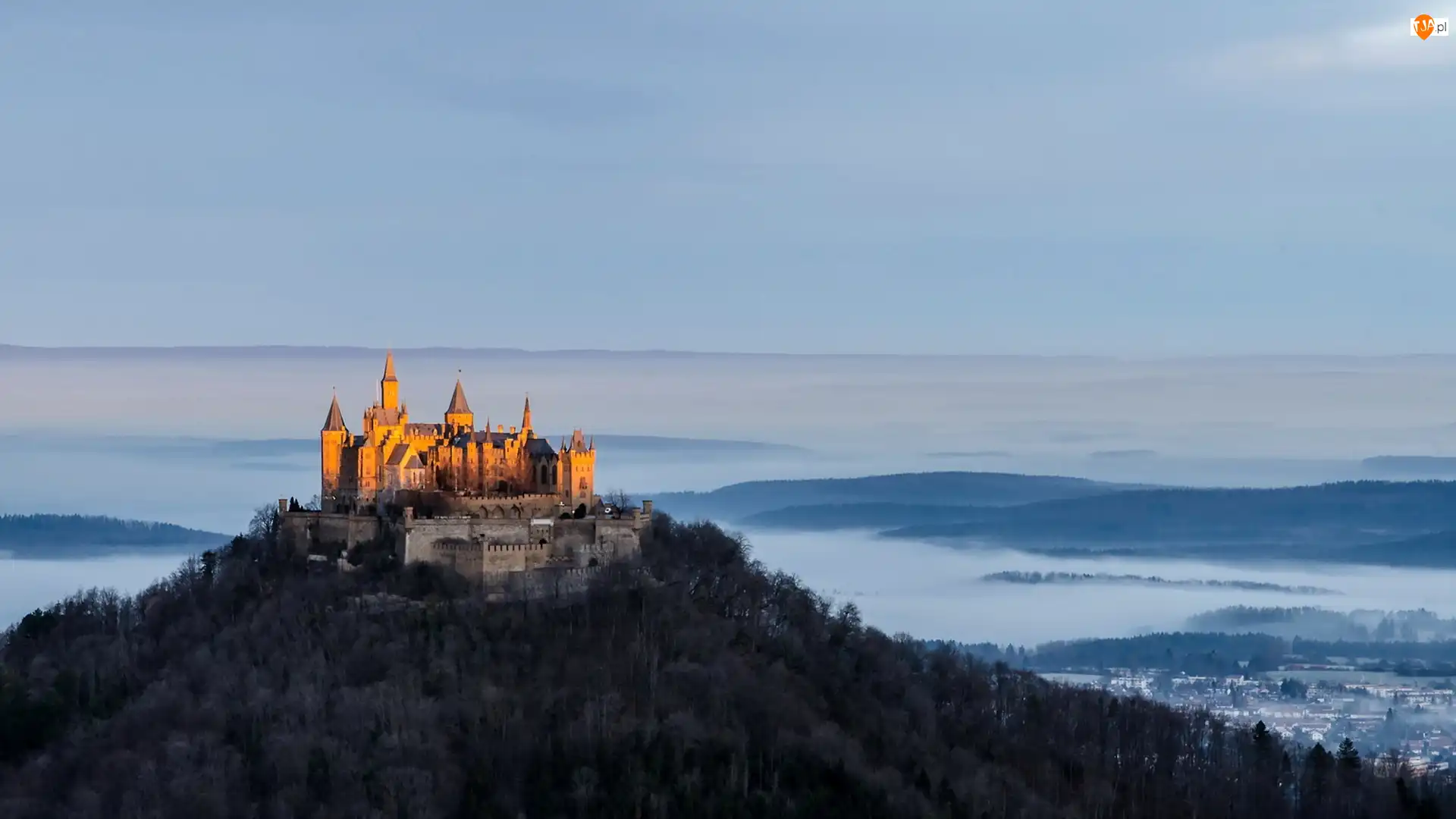 Badenia-Wirtembergia, Zamek Hohenzollern, Góra Hohenzollern, Mgła, Niemcy, Las
