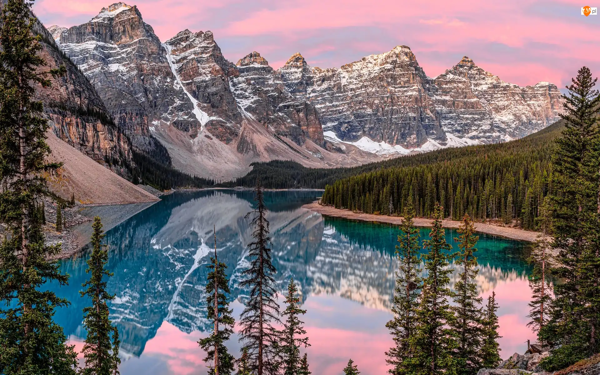 Alberta, Park Narodowy Banff, Góry, Kanada, Drzewa, Moraine, Jezioro