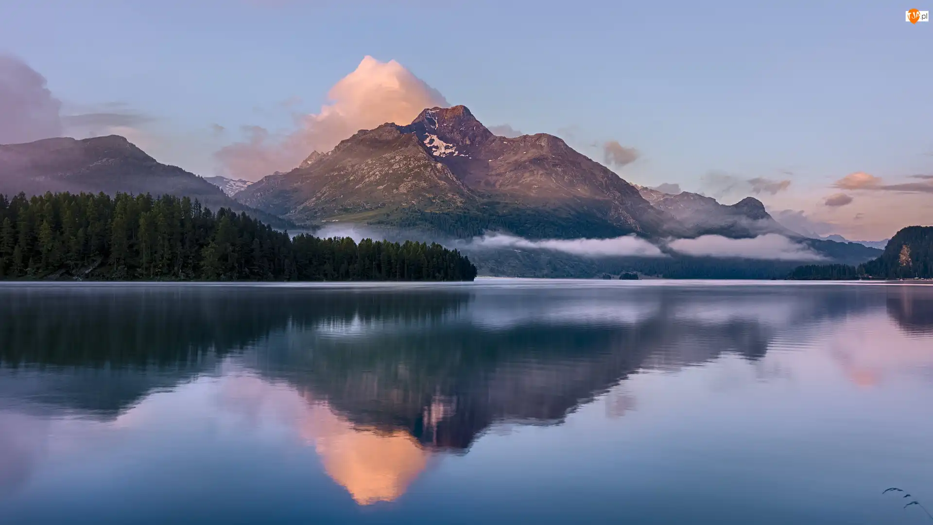Mgła, Góry, Jezioro Silsersee, Odbicie, Góra, Drzewa, Szwajcaria, Piz da la Margna