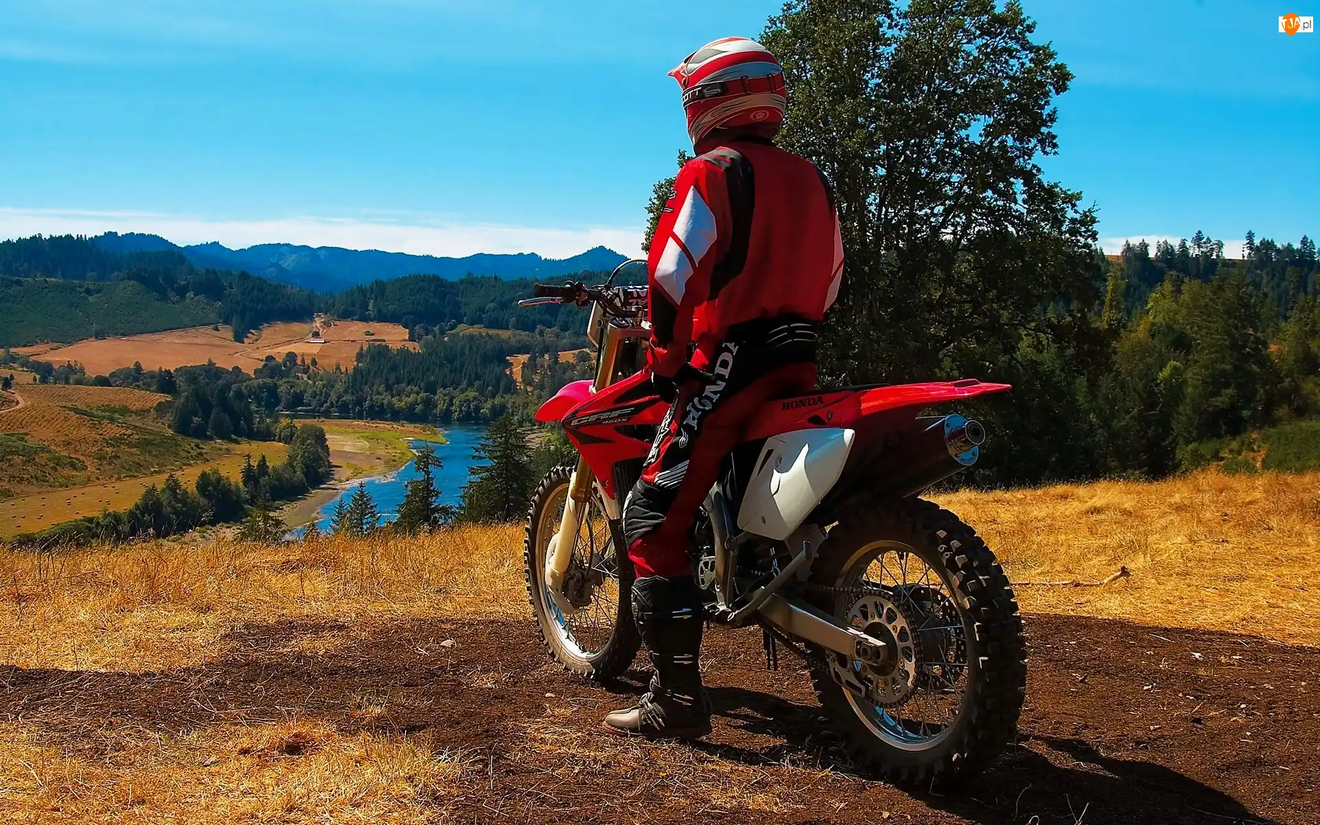 Góry, Krajobraz, Motocykl, Motocyklista, Rzeka