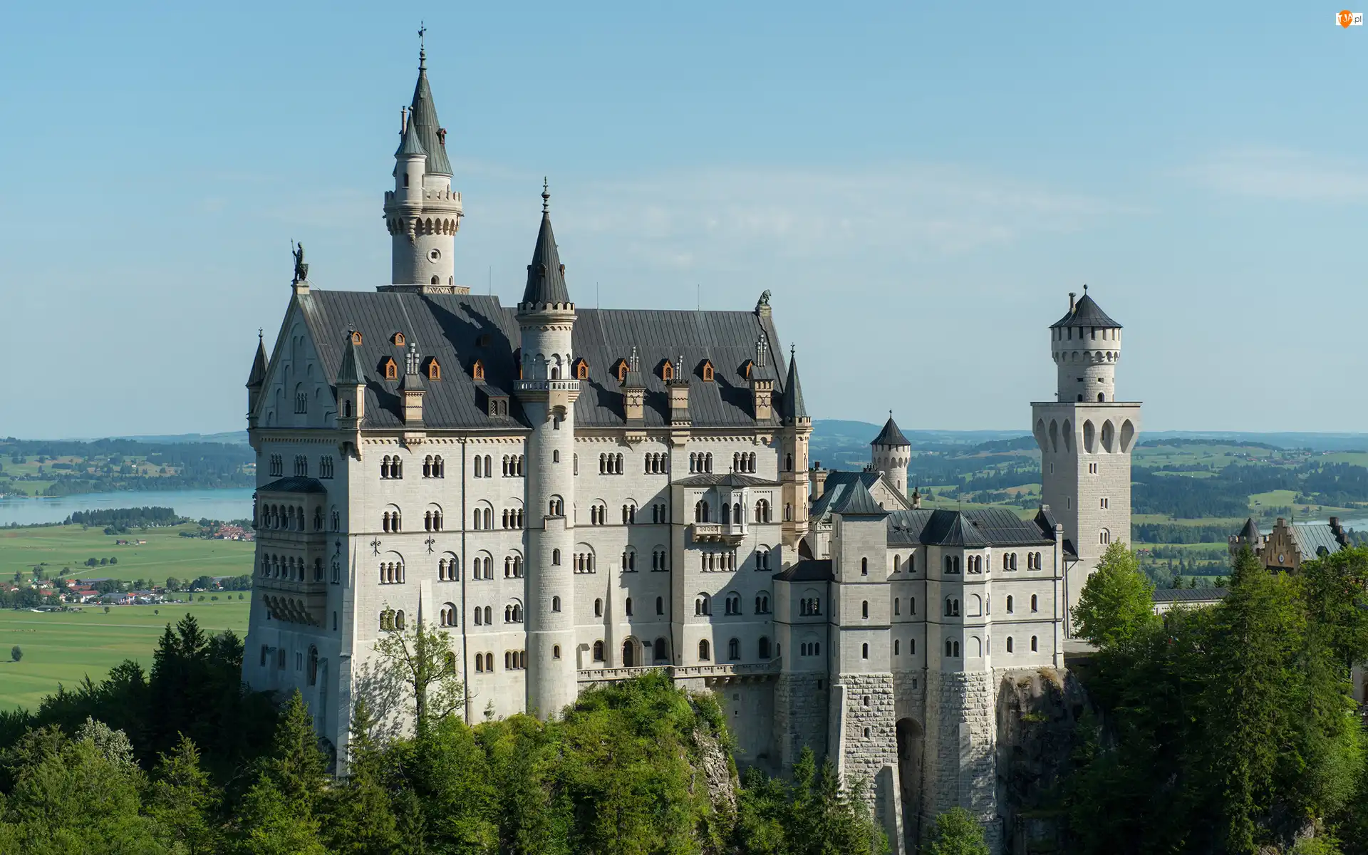 Bawaria, Niemcy, Zamek Neuschwanstein, Niebo, Gmina Schwangau, Drzewa