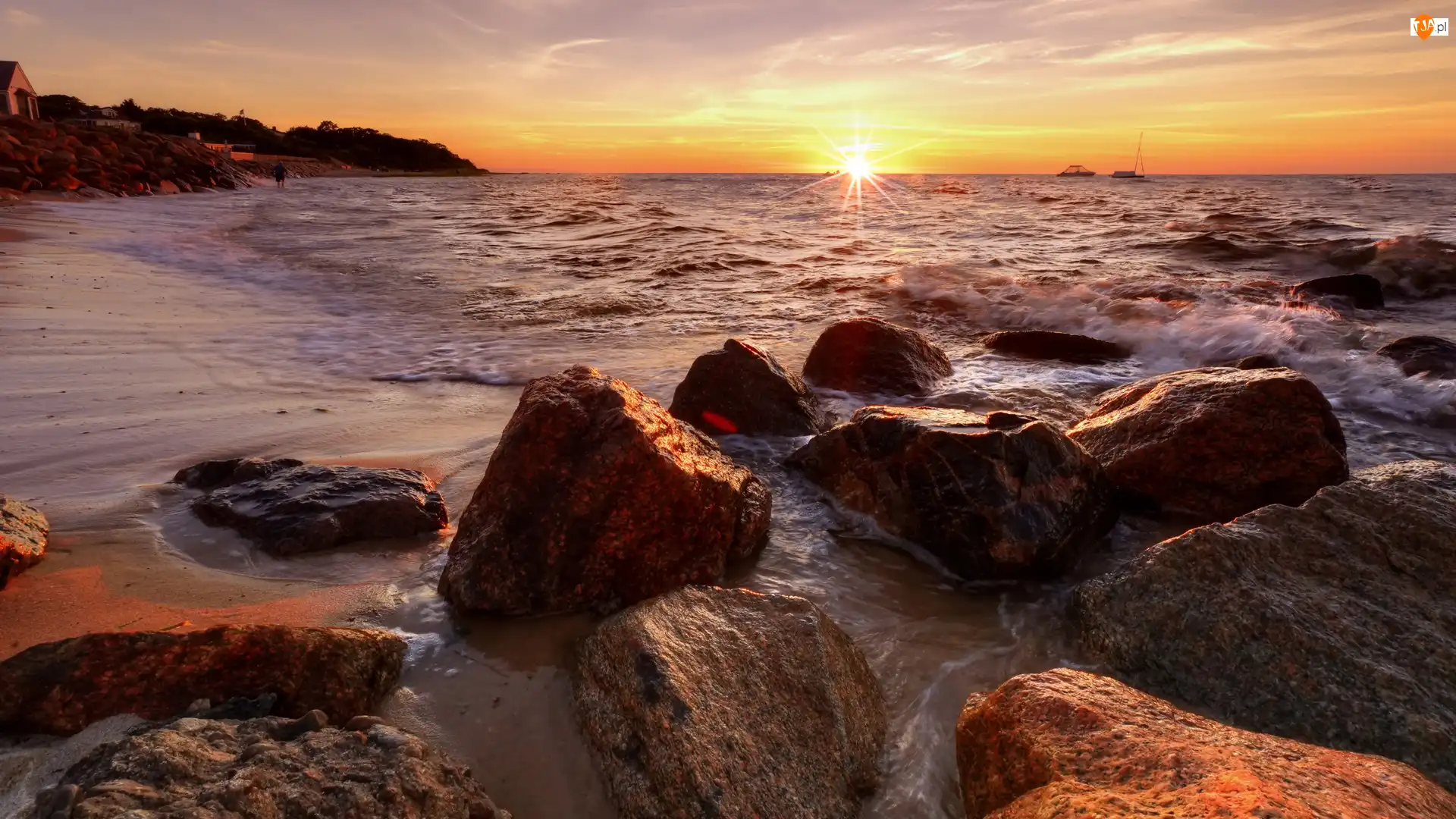 Stany Zjednoczone, Fale, Massachusetts, Zachód słońca, Brewster, Kamienie, Plaża, Morze, Breakwater Beach