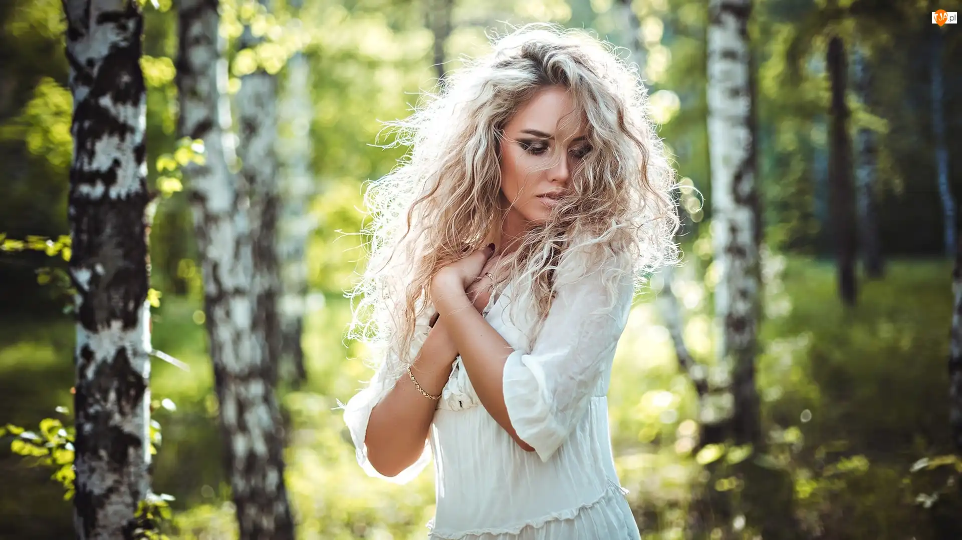 Blondynka, Kobieta, Kręcone, Las, Długie, Włosy