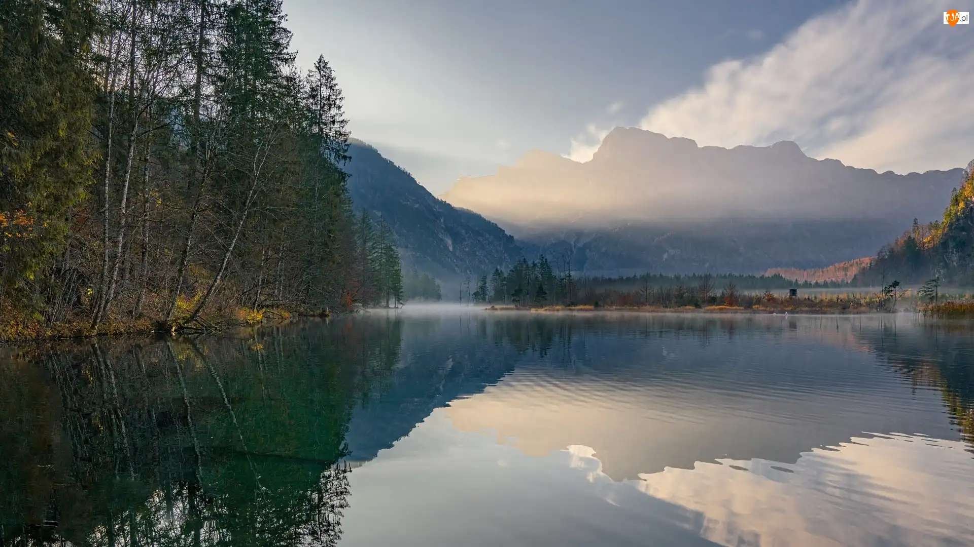 Jezioro Almsee, Góry, Drzewa, Austria, Mgła, Odbicie