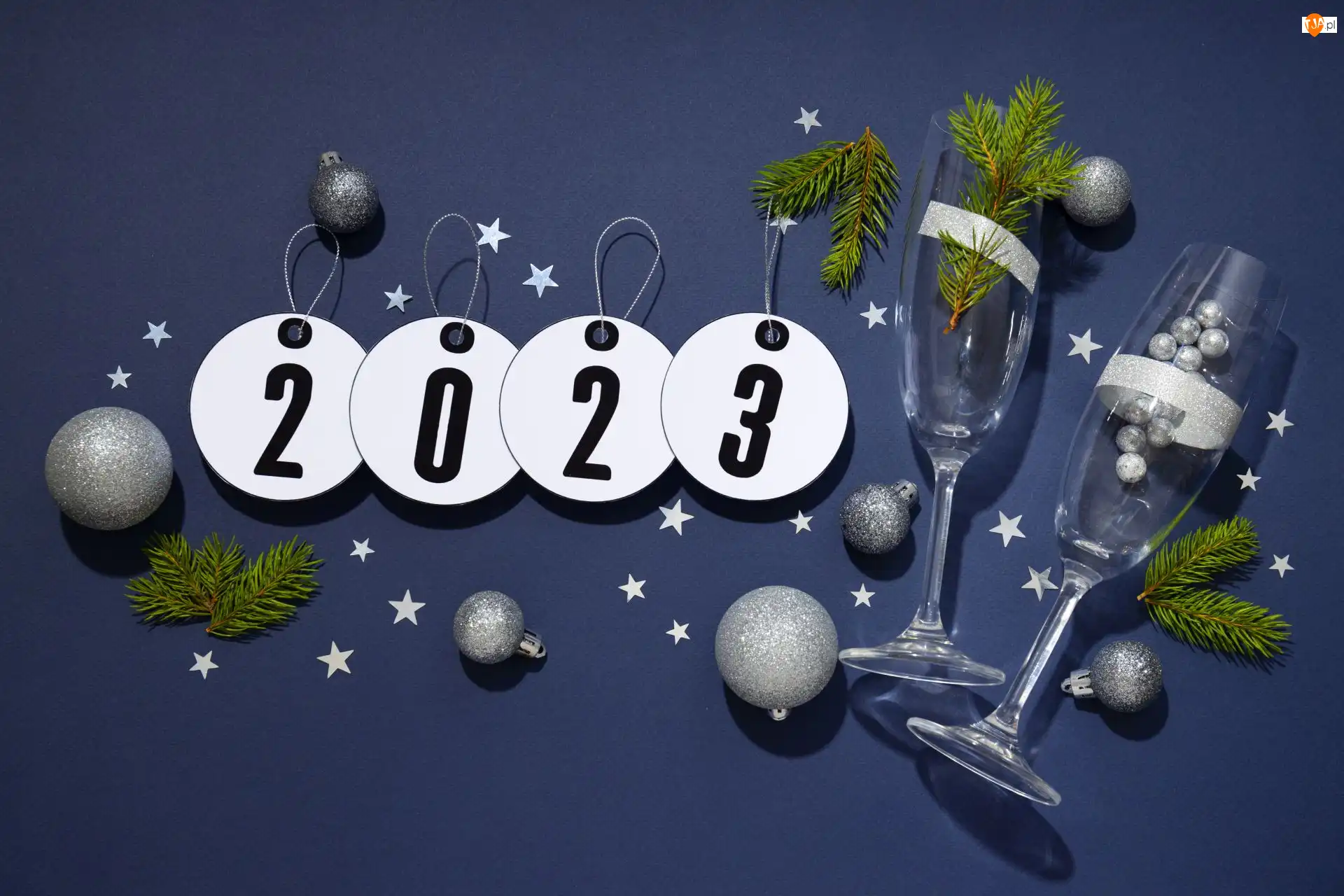 Zawieszki, 2023, Bombki, Nowy Rok, Gałązki, Gwiazdki, Kieliszki