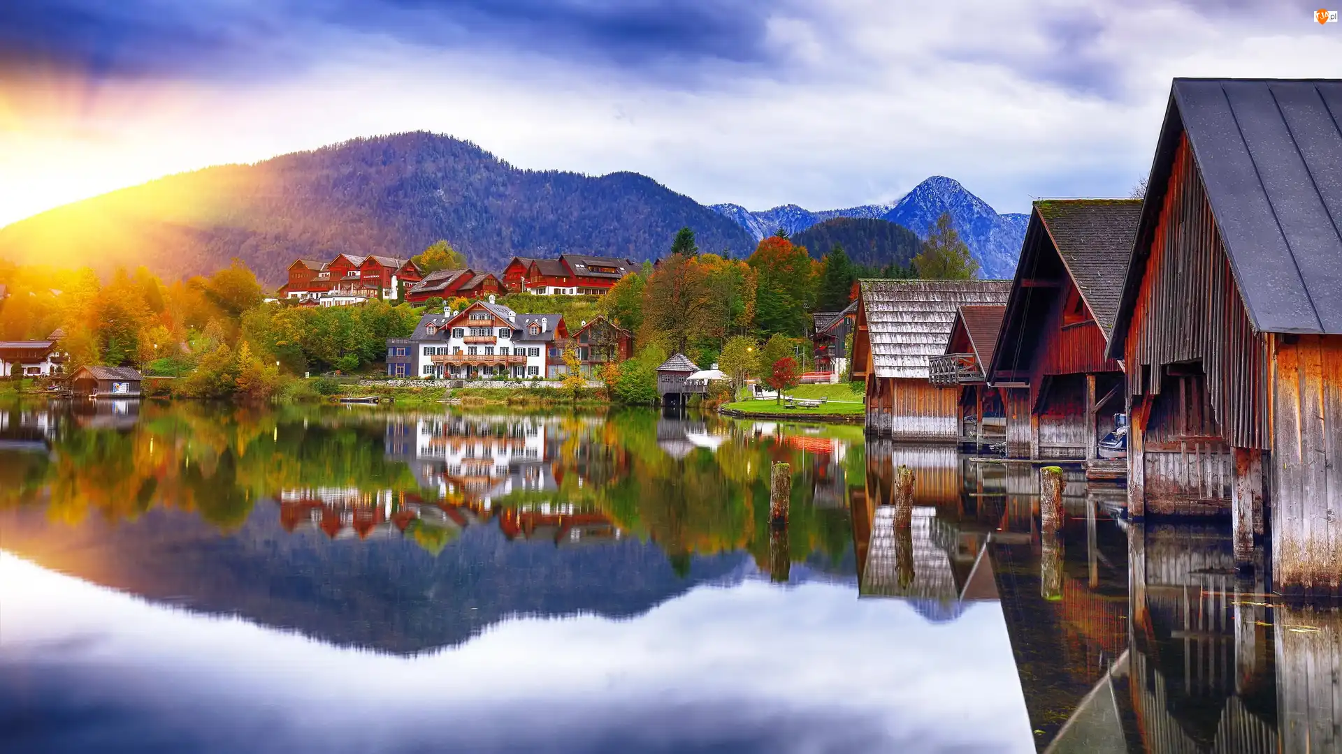 Styria, Austria, Odbicie, Jezioro Grundlsee, Wschód słońca, Góry, Domy