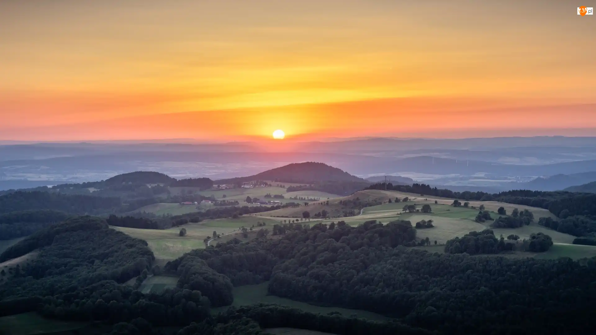 Wzgórza, Niemcy, Góry Rhon, Zachód słońca, Lasy