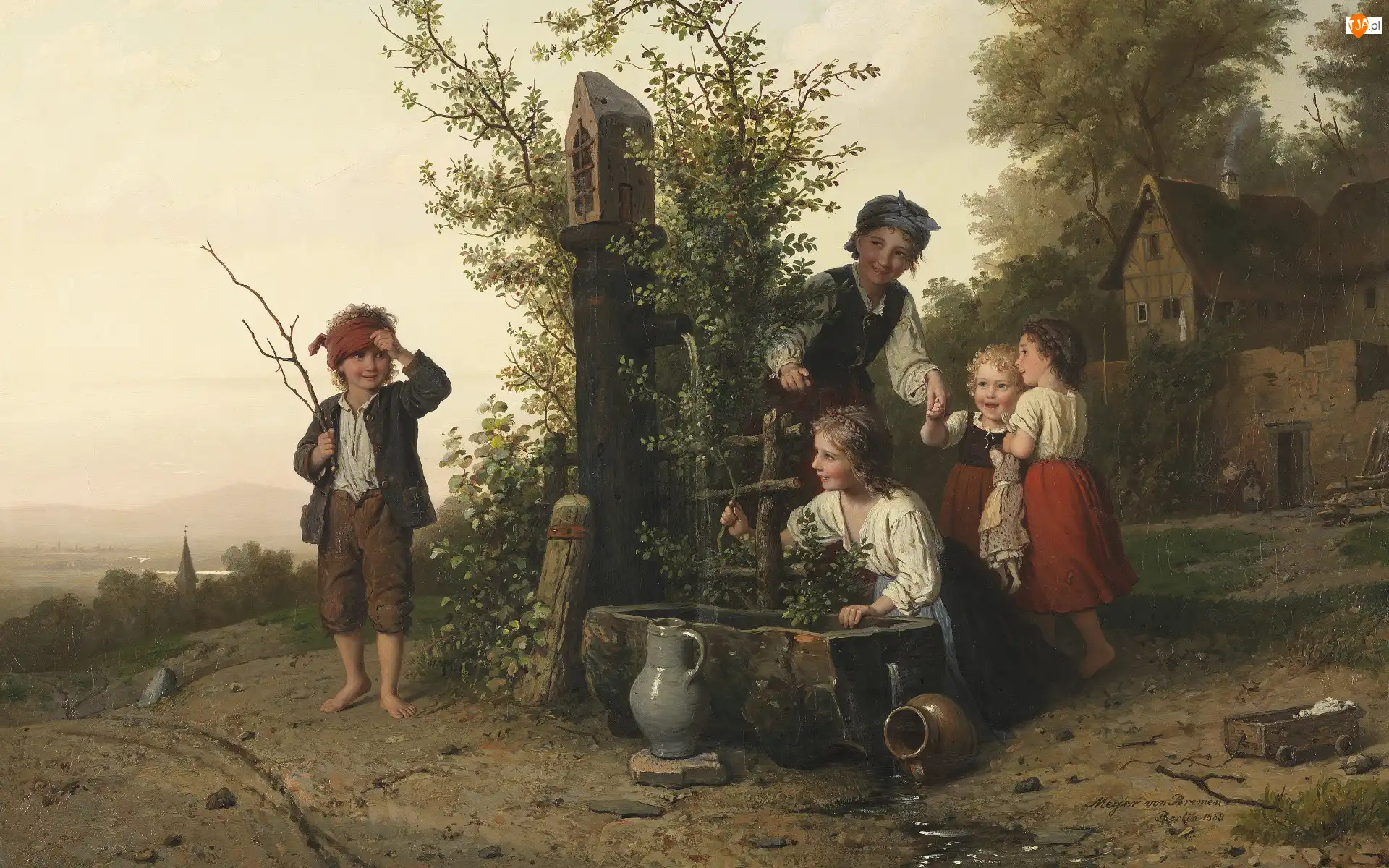 Zabawa, Obraz, Wieś, Studnia, Malarstwo, Dzieci, Dzbany, Johann Georg Meyer