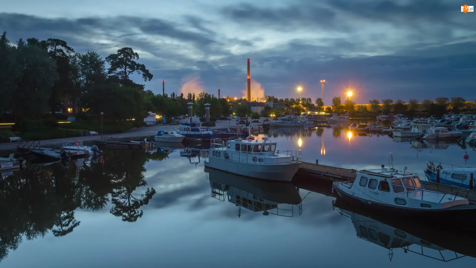 Sapokka Harbor, Motorówki, Finlandia, Przystań, Kotka, Światła, Świt