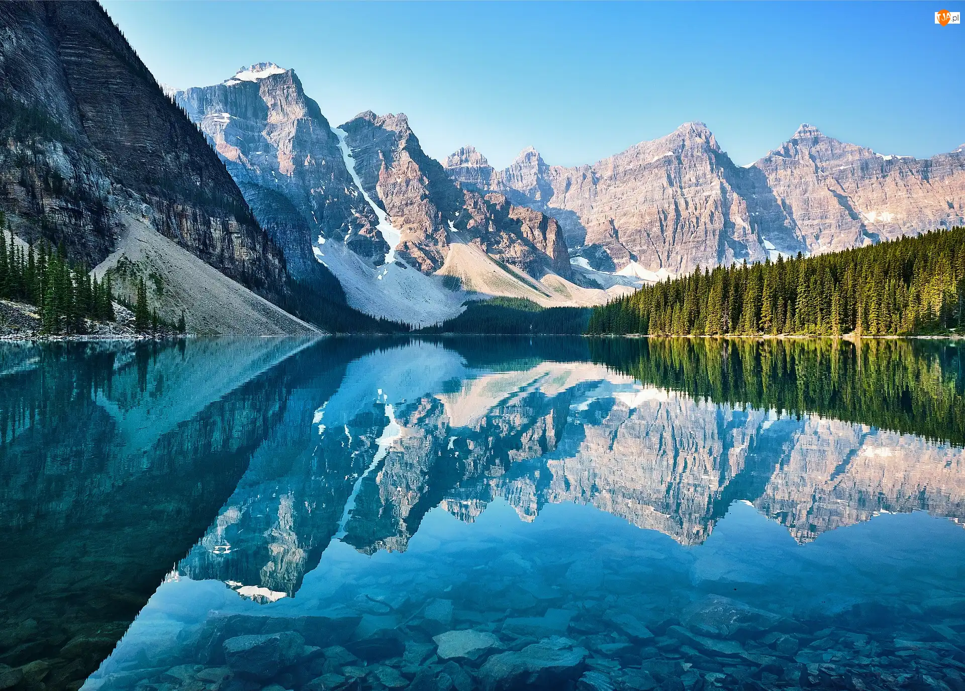 Góry, Jezioro Moraine, Park Narodowy Banff, Kanada, Las, Odbicie