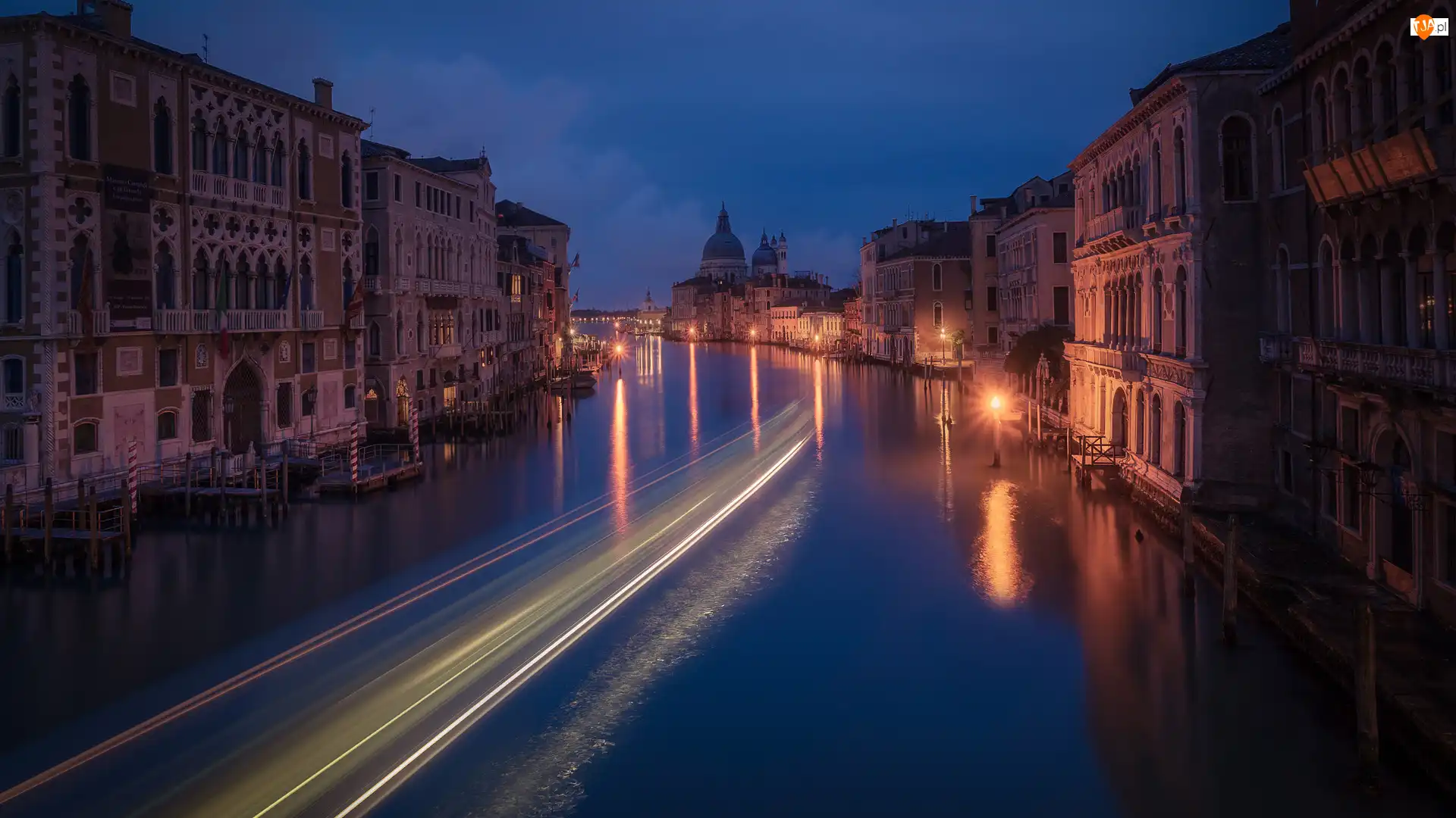 Kanał, Noc, Włochy, Canal Grande, Wenecja, Domy, Oświetlone