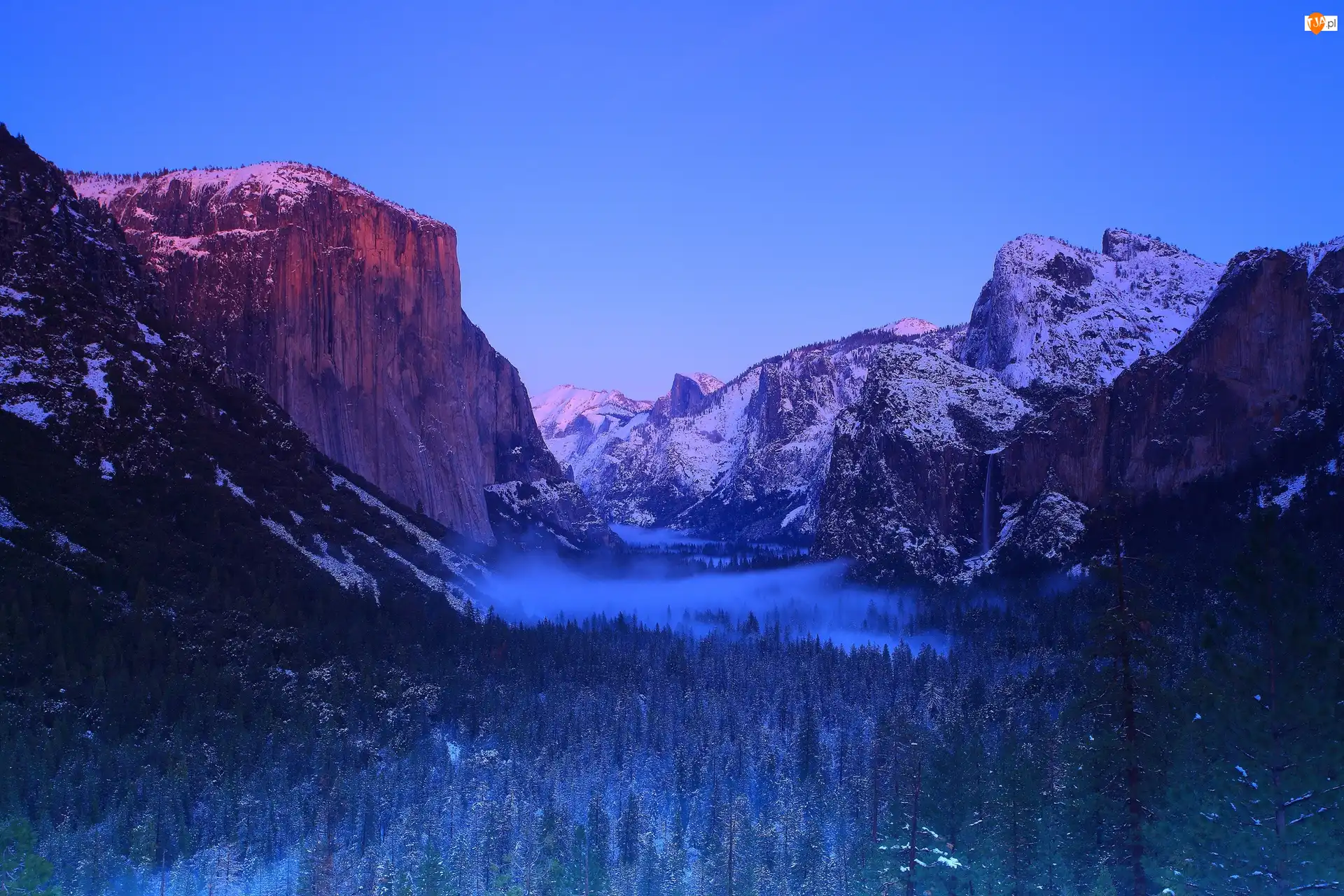 Stan Kalifornia, Park Narodowy Yosemite, Zima, Stany Zjednoczone, Mgła, Las, Góry