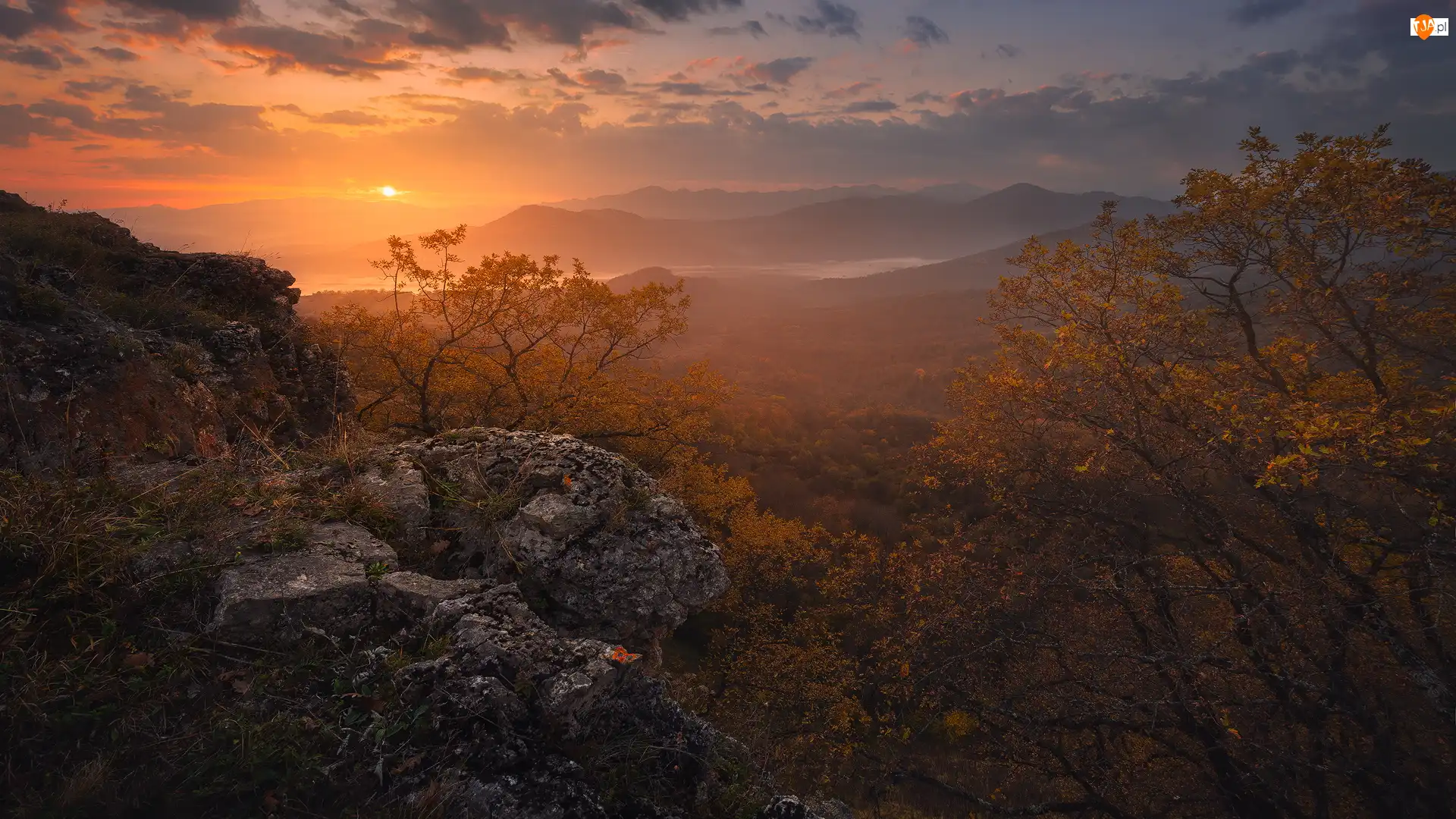 Kaukaz, Wschód słońca, Rosja, Góry, Adygeja, Drzewa, Skały